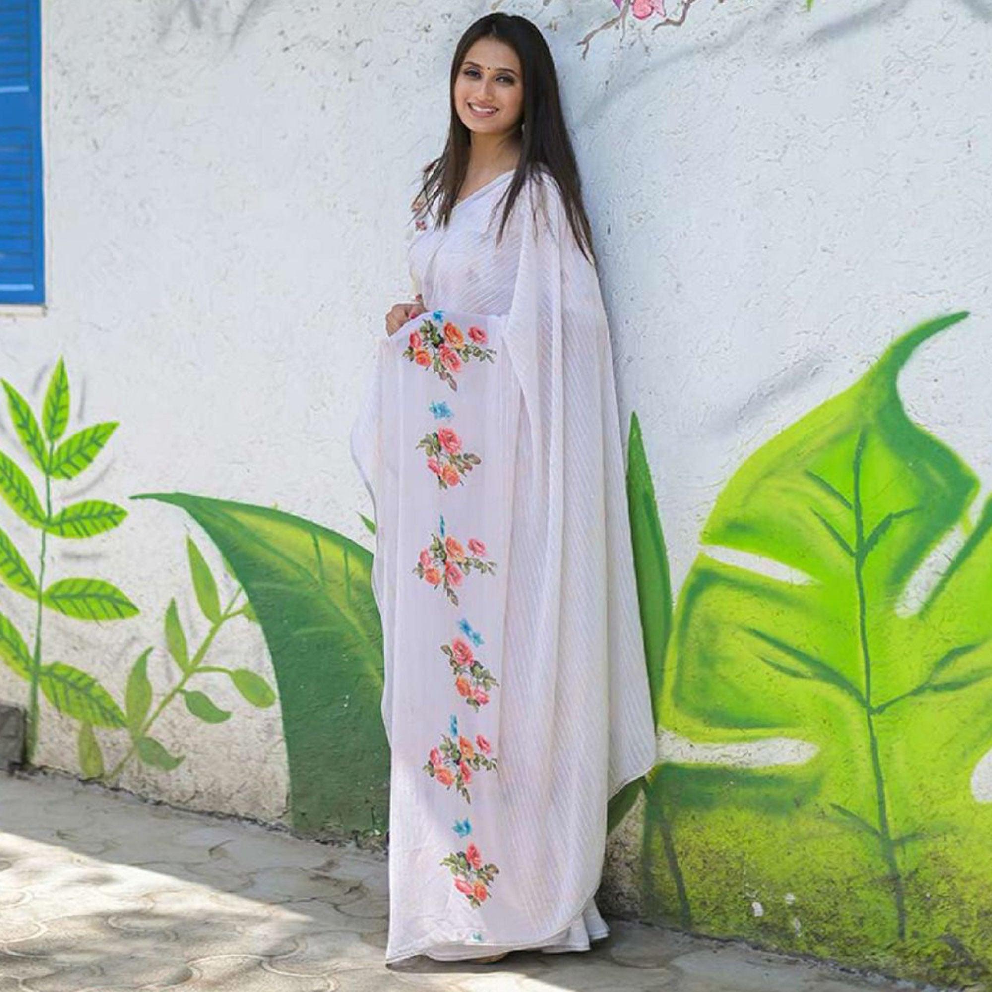 White Party Wear Digital Printed Georgette Saree - Peachmode