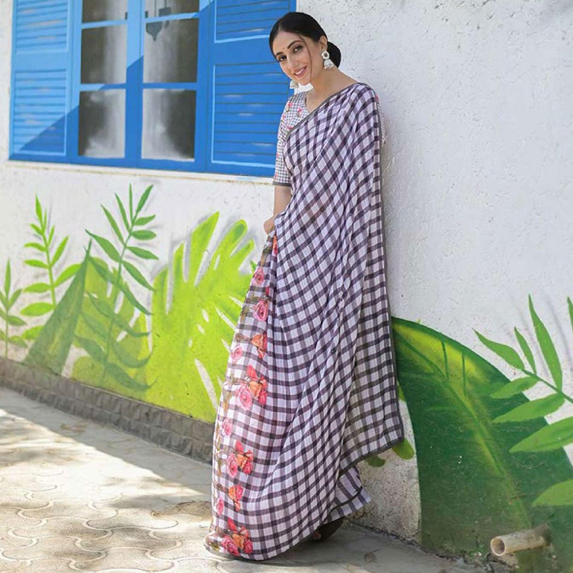 White Party Wear Digital Printed Georgette Saree - Peachmode