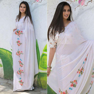 White Party Wear Digital Printed Georgette Saree - Peachmode