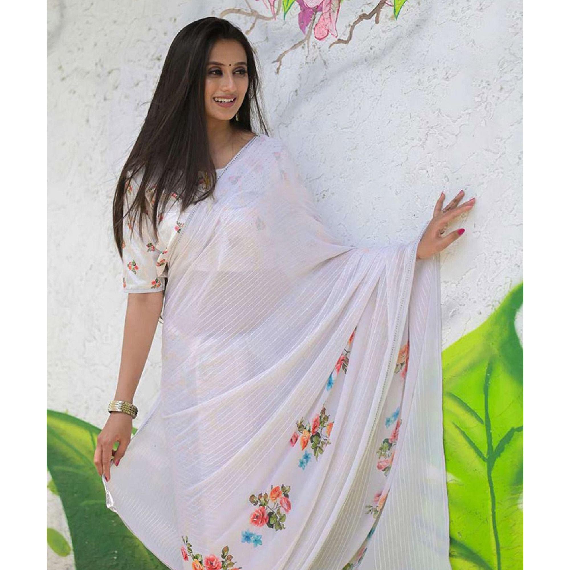 White Party Wear Digital Printed Georgette Saree - Peachmode