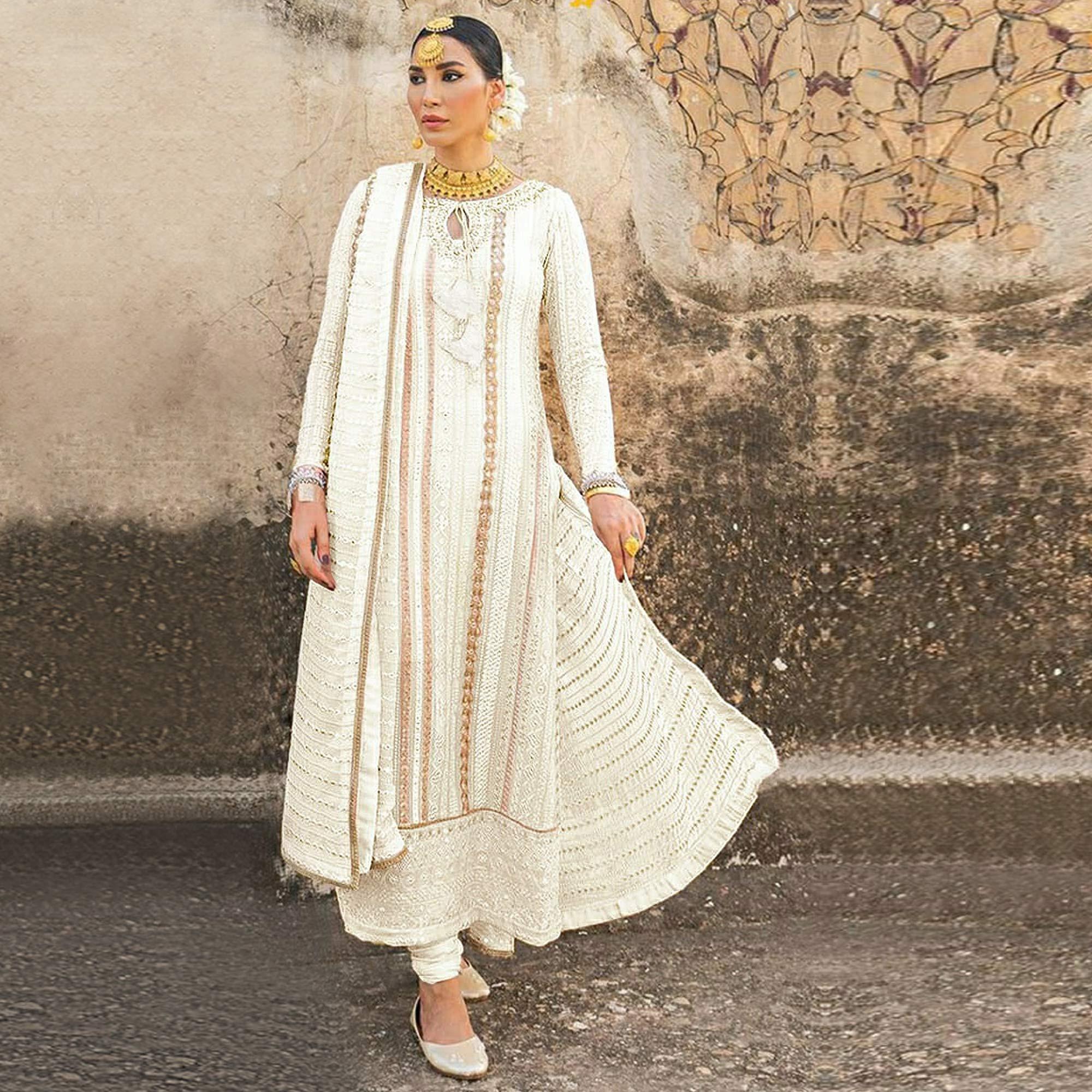 White Party Wear Embroidered Georgette Suit - Peachmode
