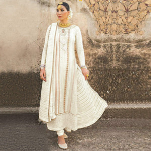 White Party Wear Embroidered Georgette Suit - Peachmode