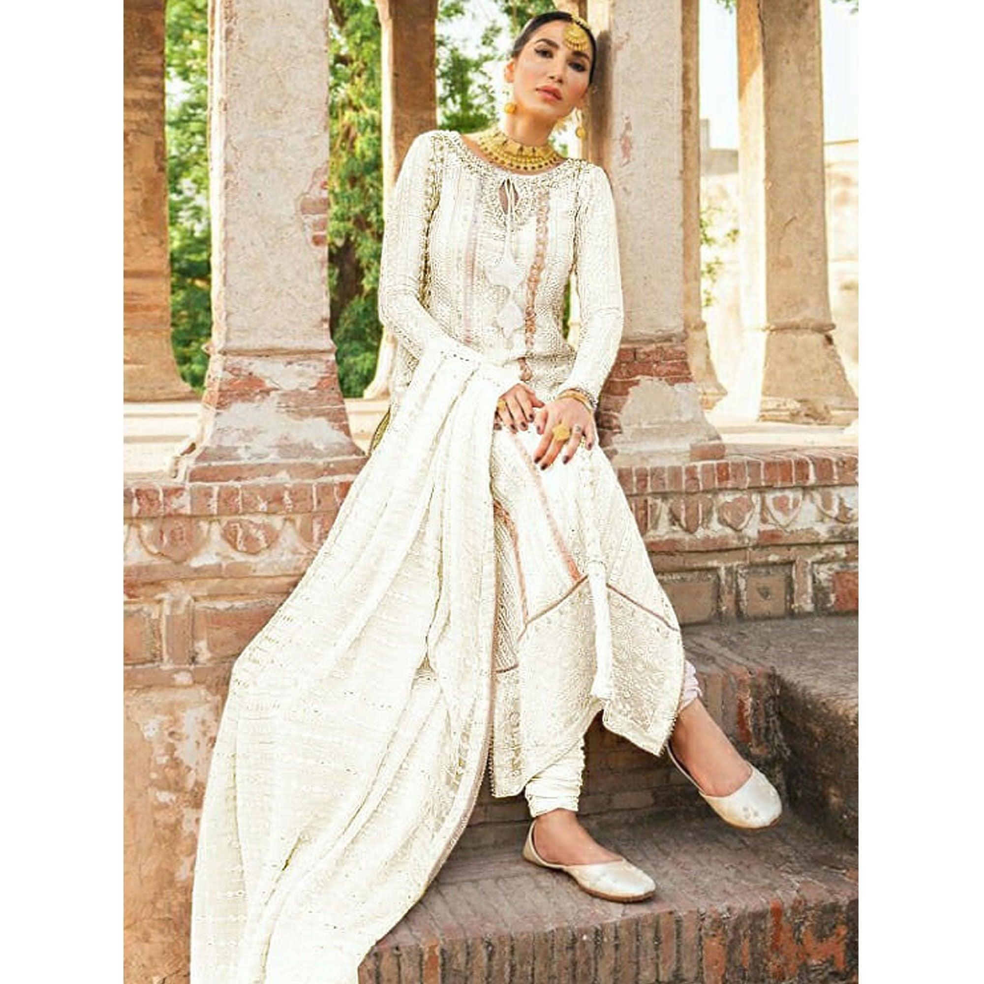 White Party Wear Embroidered Georgette Suit - Peachmode