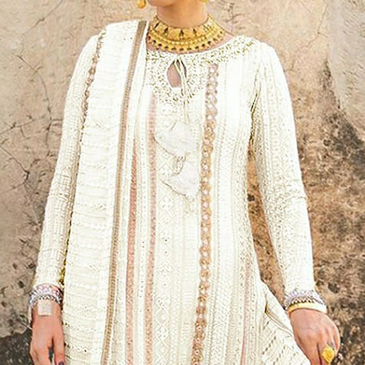 White Party Wear Embroidered Georgette Suit - Peachmode