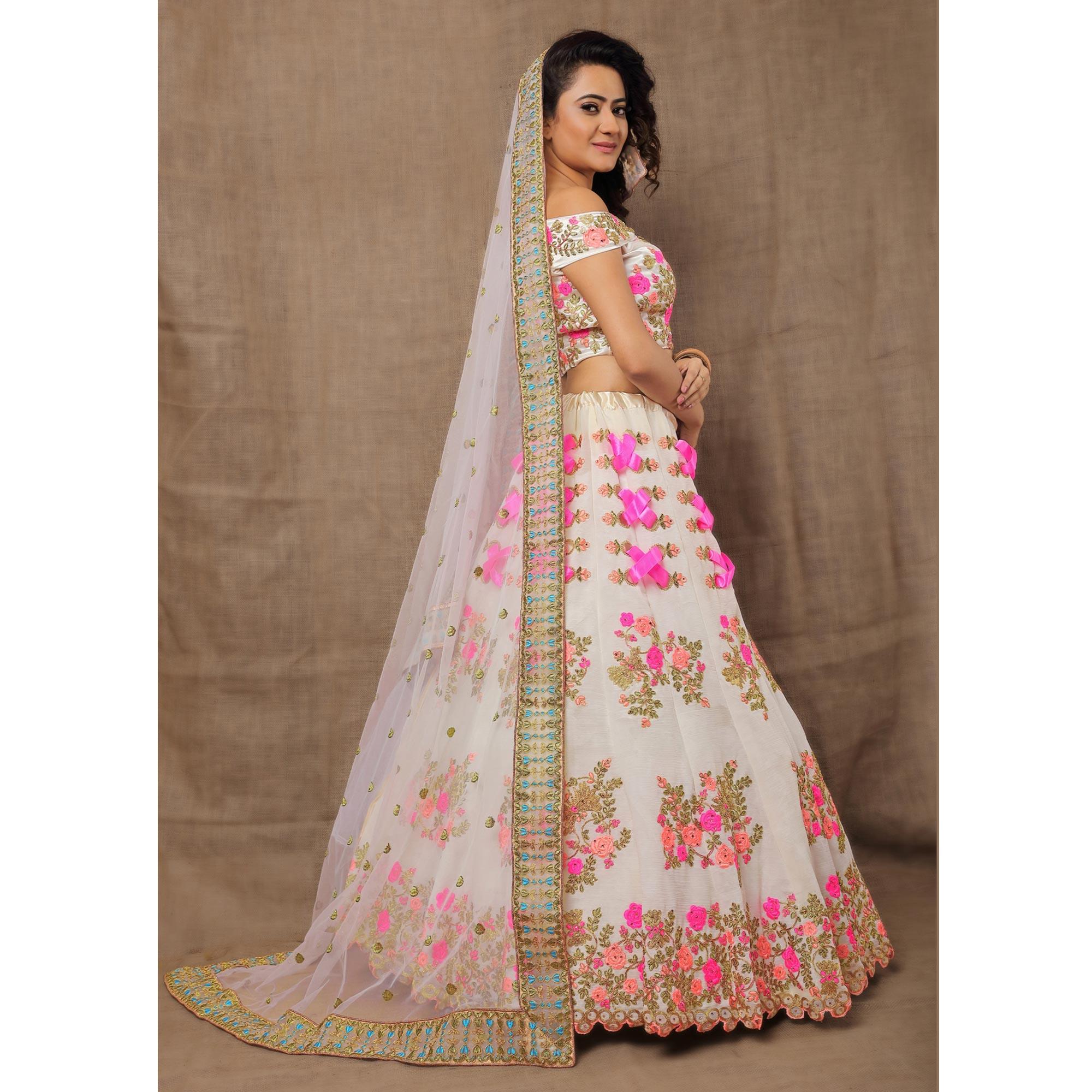 White Party Wear Embroidered Silk Lehenga Choli - Peachmode