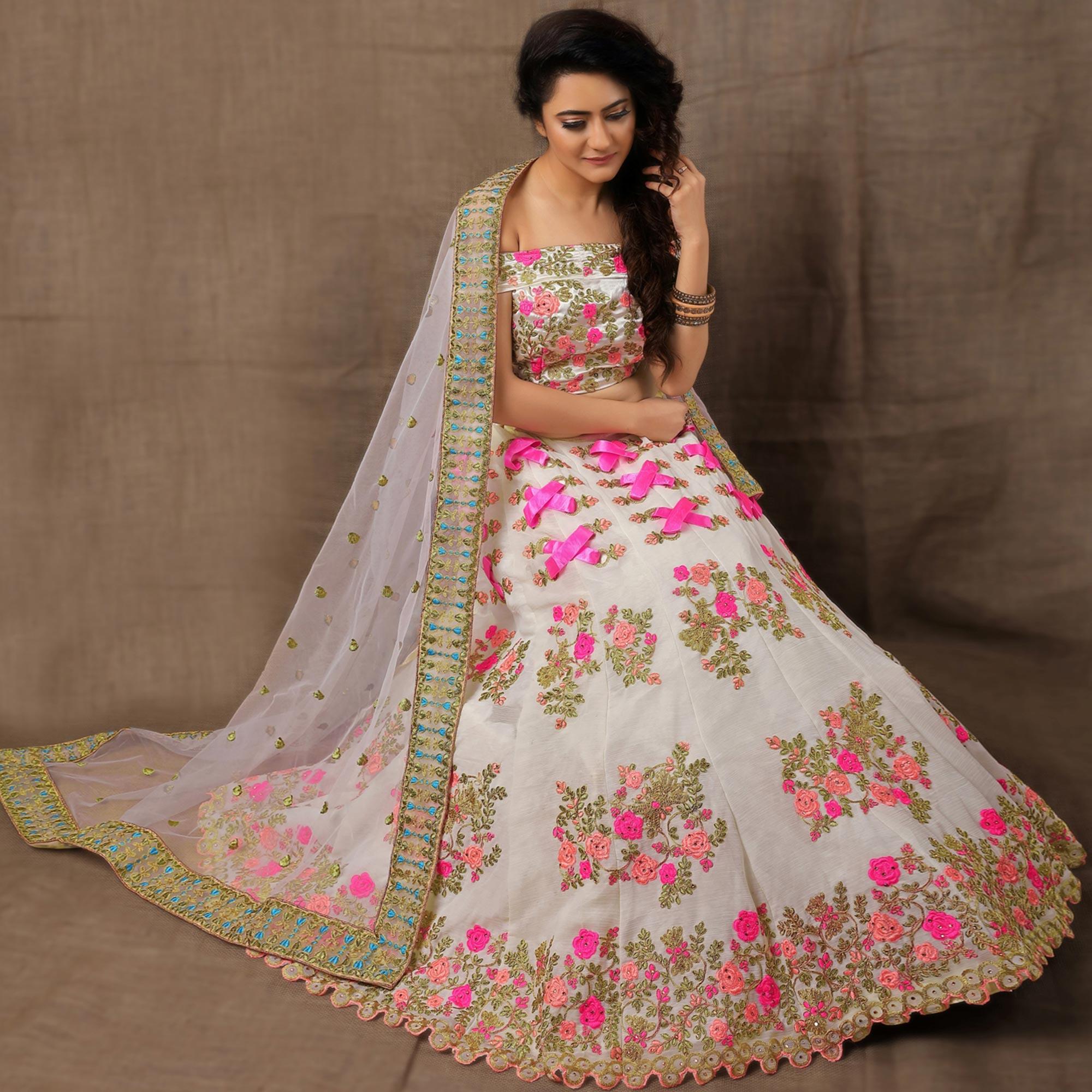White Party Wear Embroidered Silk Lehenga Choli - Peachmode