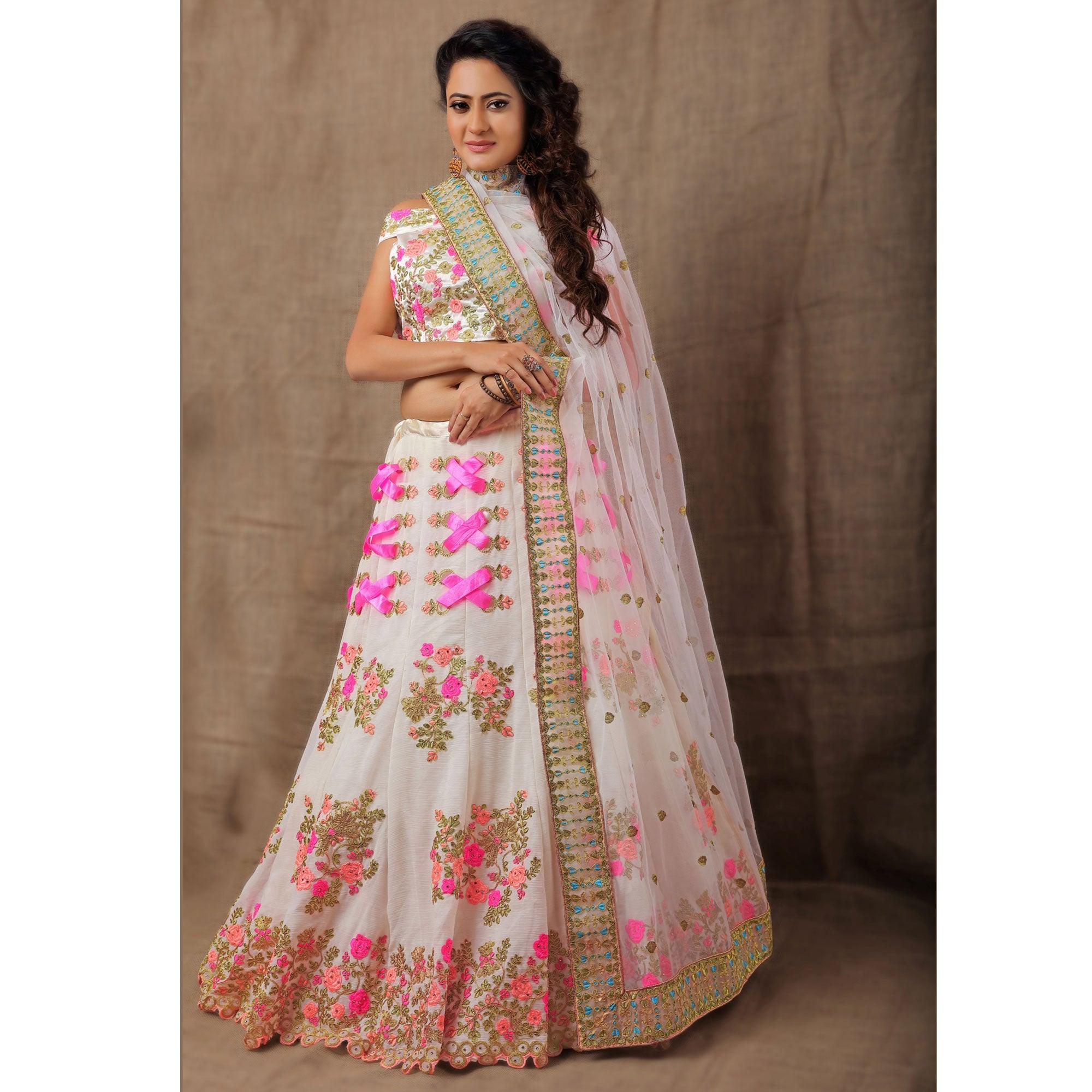 White Party Wear Embroidered Silk Lehenga Choli - Peachmode