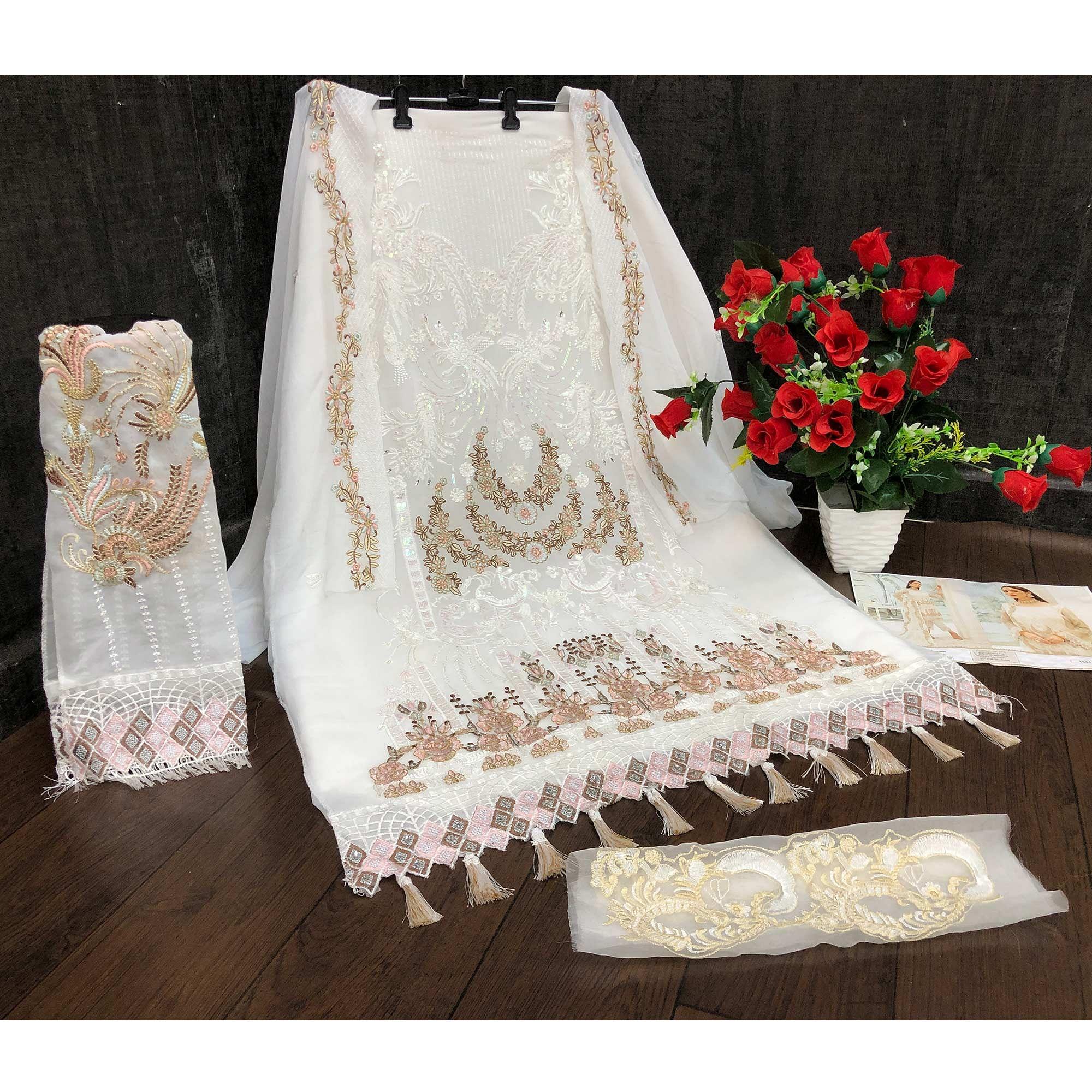 White Party Wear Floral Embroidered Georgette Straight Salwar Suit - Peachmode