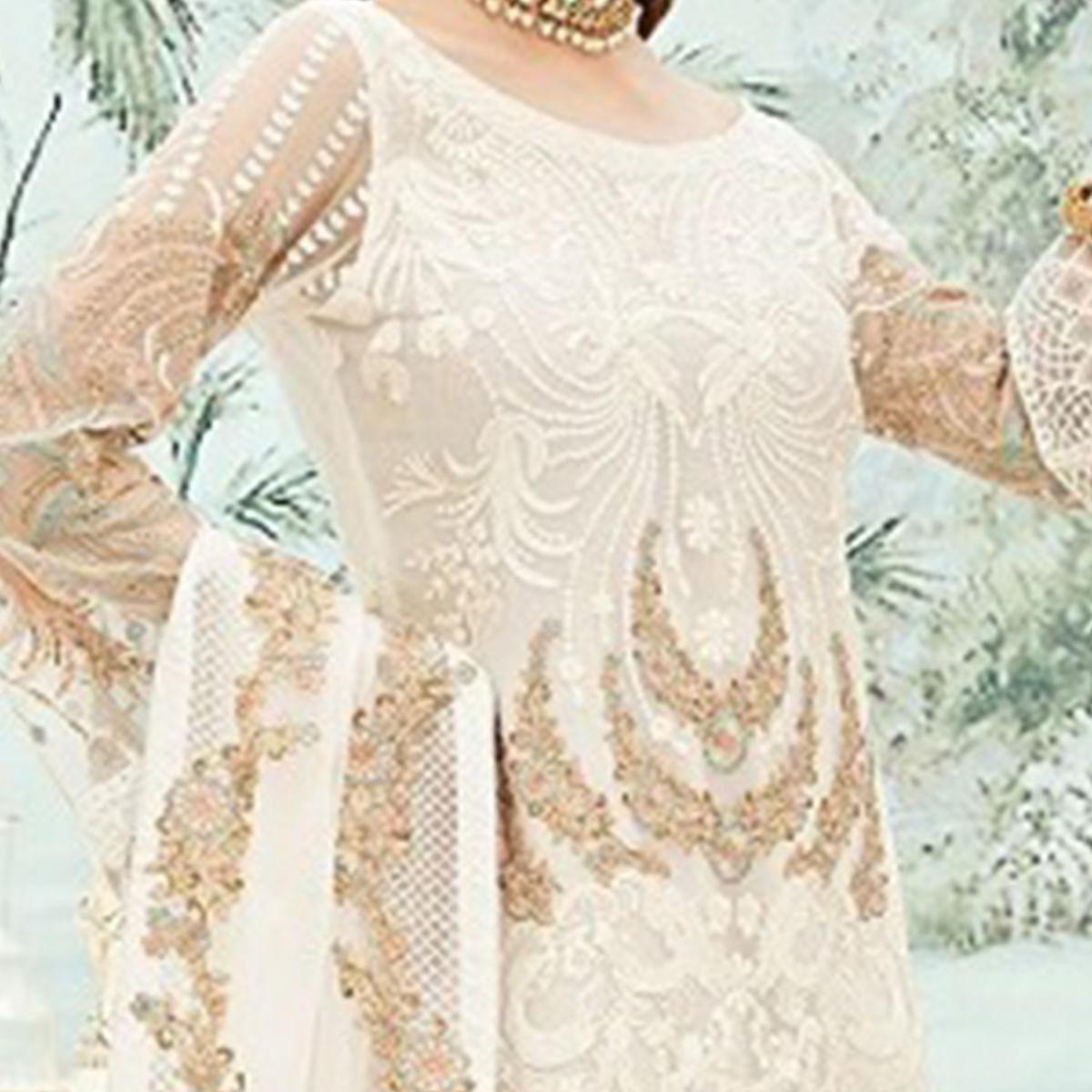 White Party Wear Floral Embroidered Georgette Straight Salwar Suit - Peachmode
