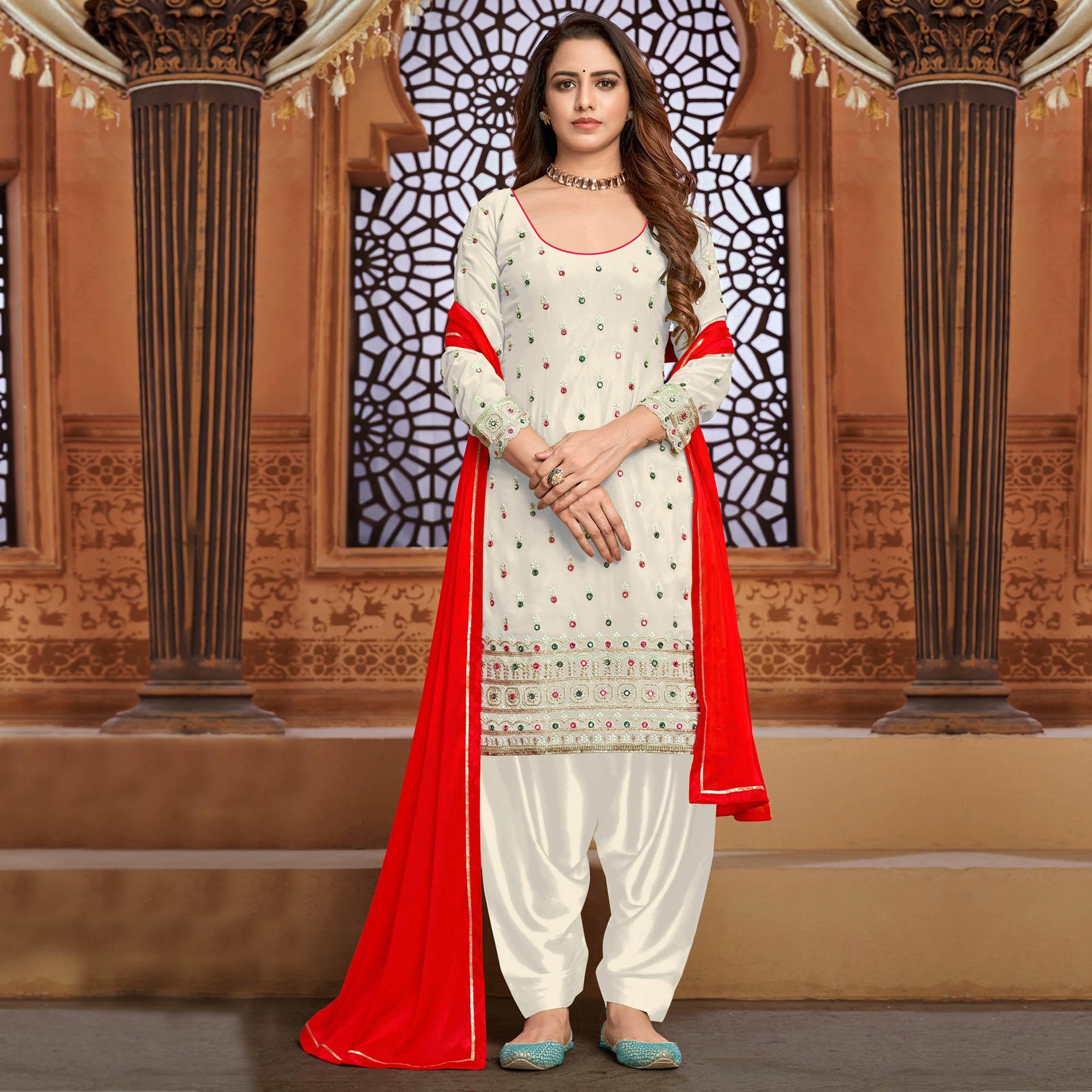 White Partywear Designer Embroidered Faux Georgette Patiyala Suit - Peachmode