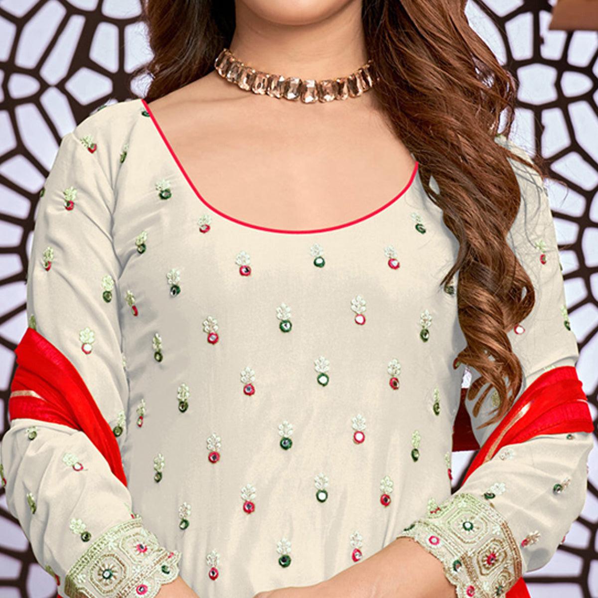 White Partywear Designer Embroidered Faux Georgette Patiyala Suit - Peachmode