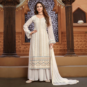 White Partywear Designer Embroidered Heavy Faux Georgette Palazzo Suit - Peachmode