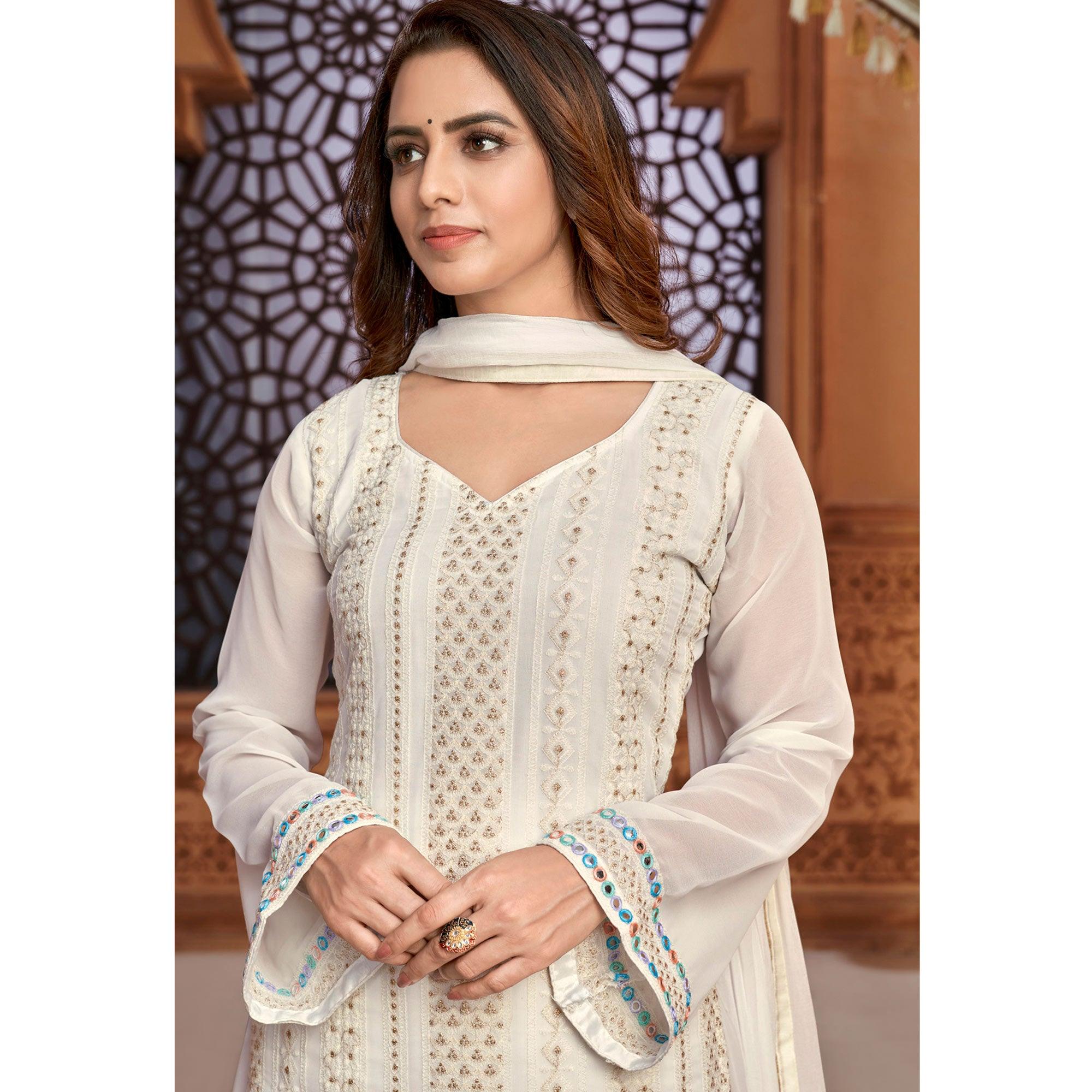 White Partywear Designer Embroidered Heavy Faux Georgette Palazzo Suit - Peachmode