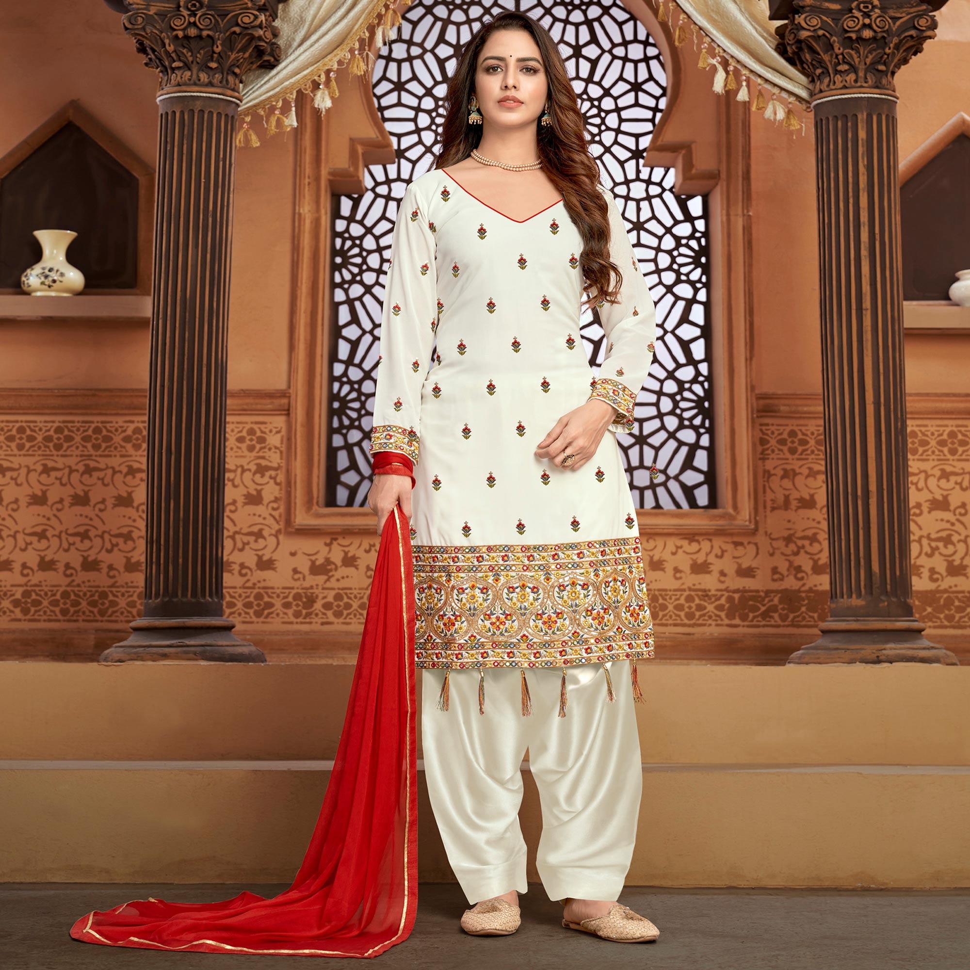 White Partywear Designer Floral Embroidered Faux Georgette Patiyala Suit - Peachmode