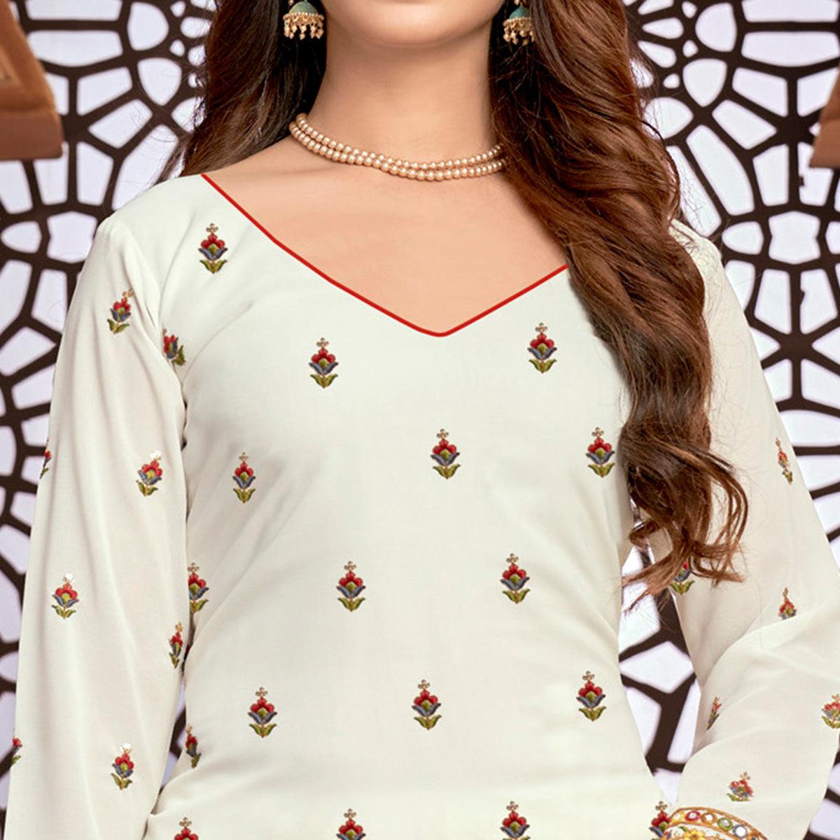 White Partywear Designer Floral Embroidered Faux Georgette Patiyala Suit - Peachmode