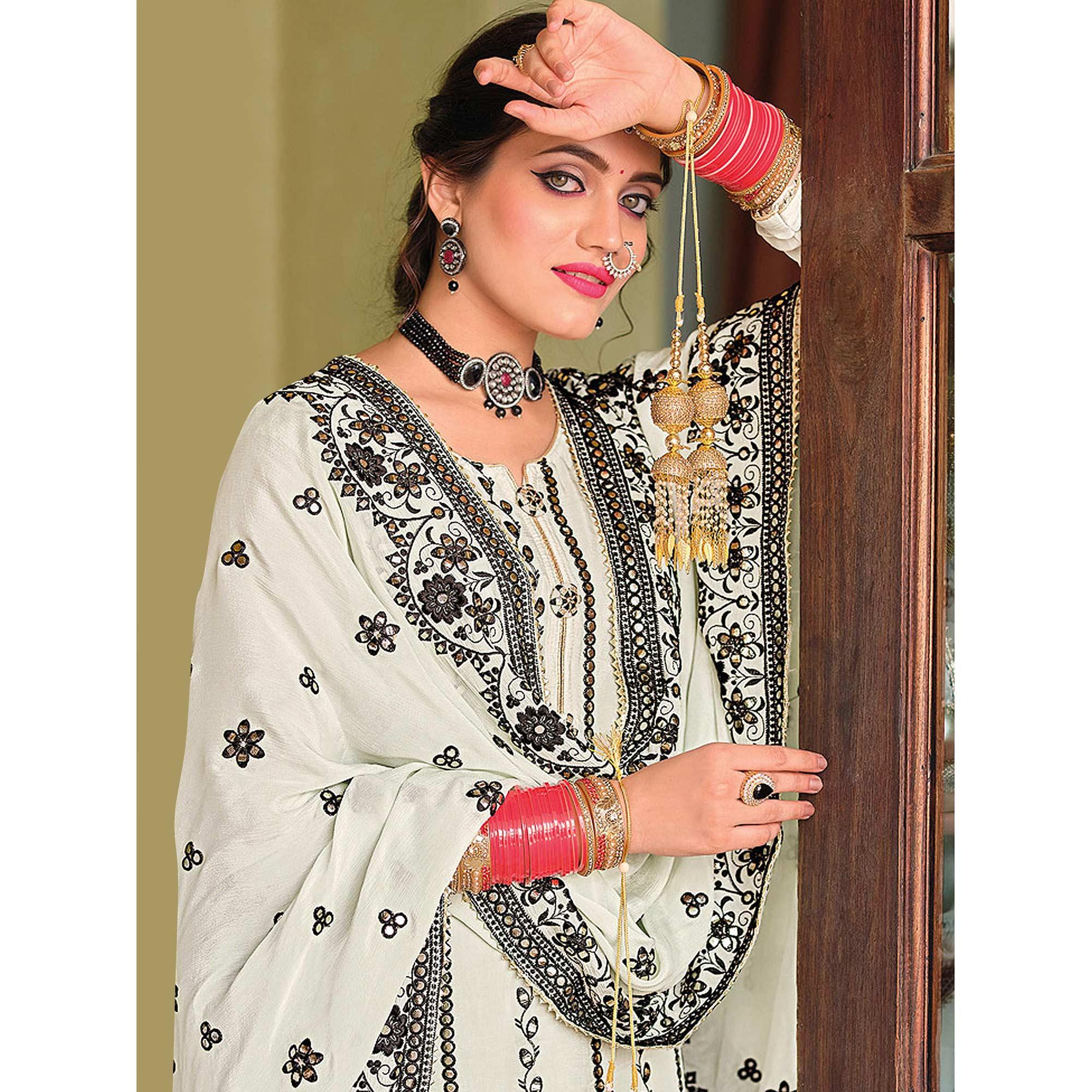 White Partywear Designer Floral Embroidered Georgette Palazzo Suit - Peachmode