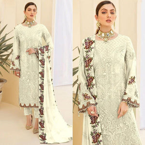 White Partywear Embroidered & Embellished Georgette Pakistani Suit - Peachmode