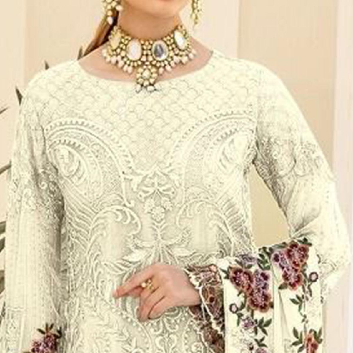 White Partywear Embroidered & Embellished Georgette Pakistani Suit - Peachmode