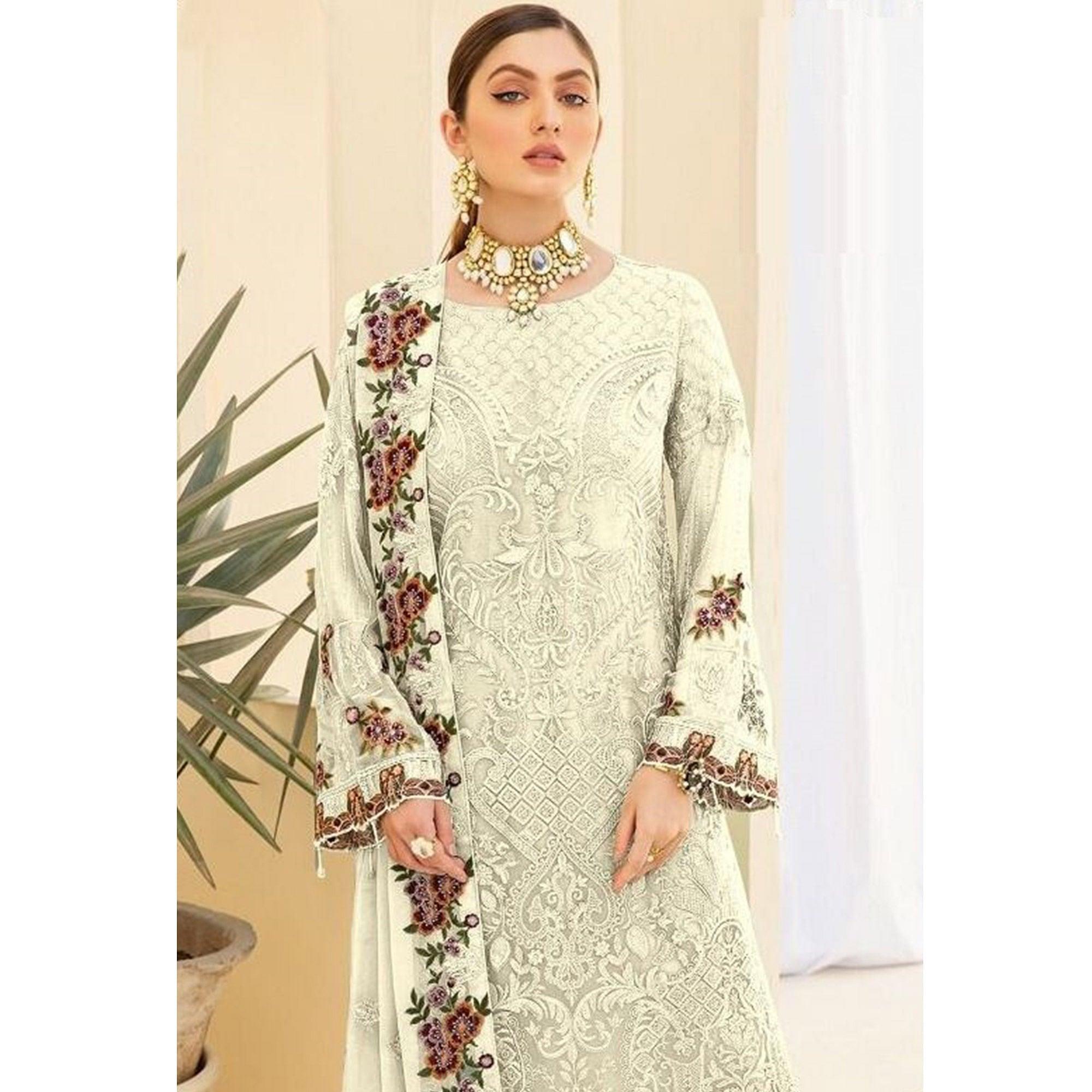 White Partywear Embroidered & Embellished Georgette Pakistani Suit - Peachmode