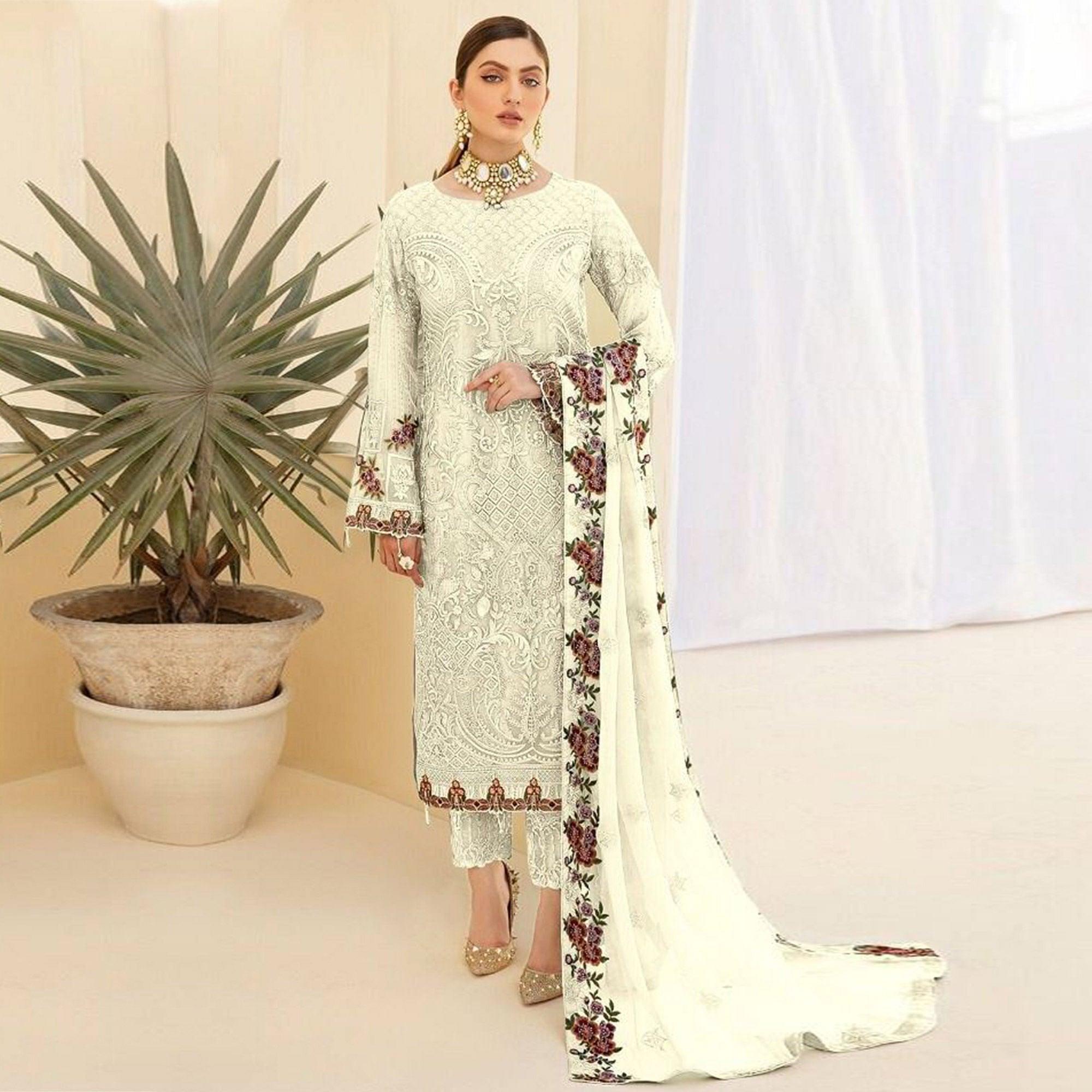 White Partywear Embroidered & Embellished Georgette Pakistani Suit - Peachmode