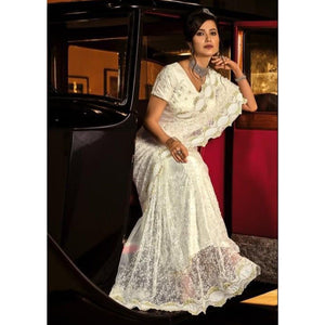 White Partywear Embroidered Embellished Net Saree - Peachmode