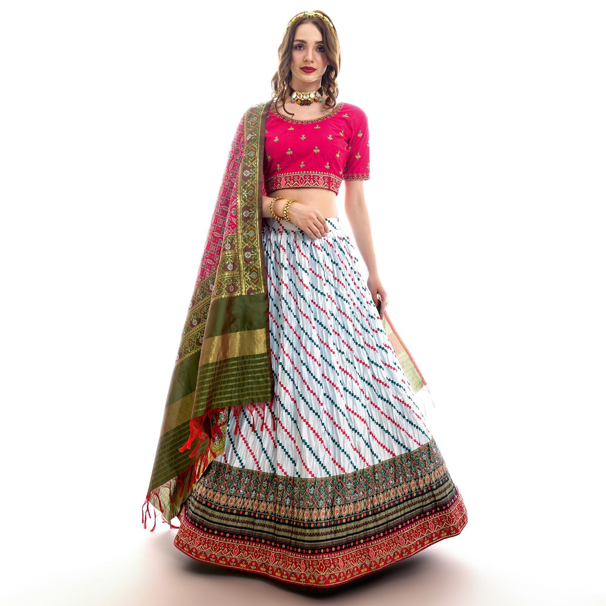 White Partywear Embroidered Satin Lehenga Choli - Peachmode
