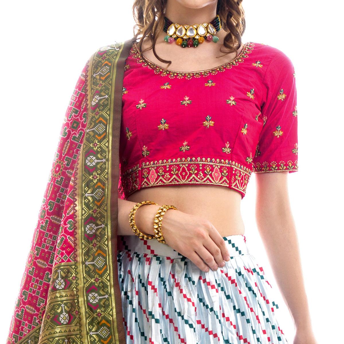 White Partywear Embroidered Satin Lehenga Choli - Peachmode