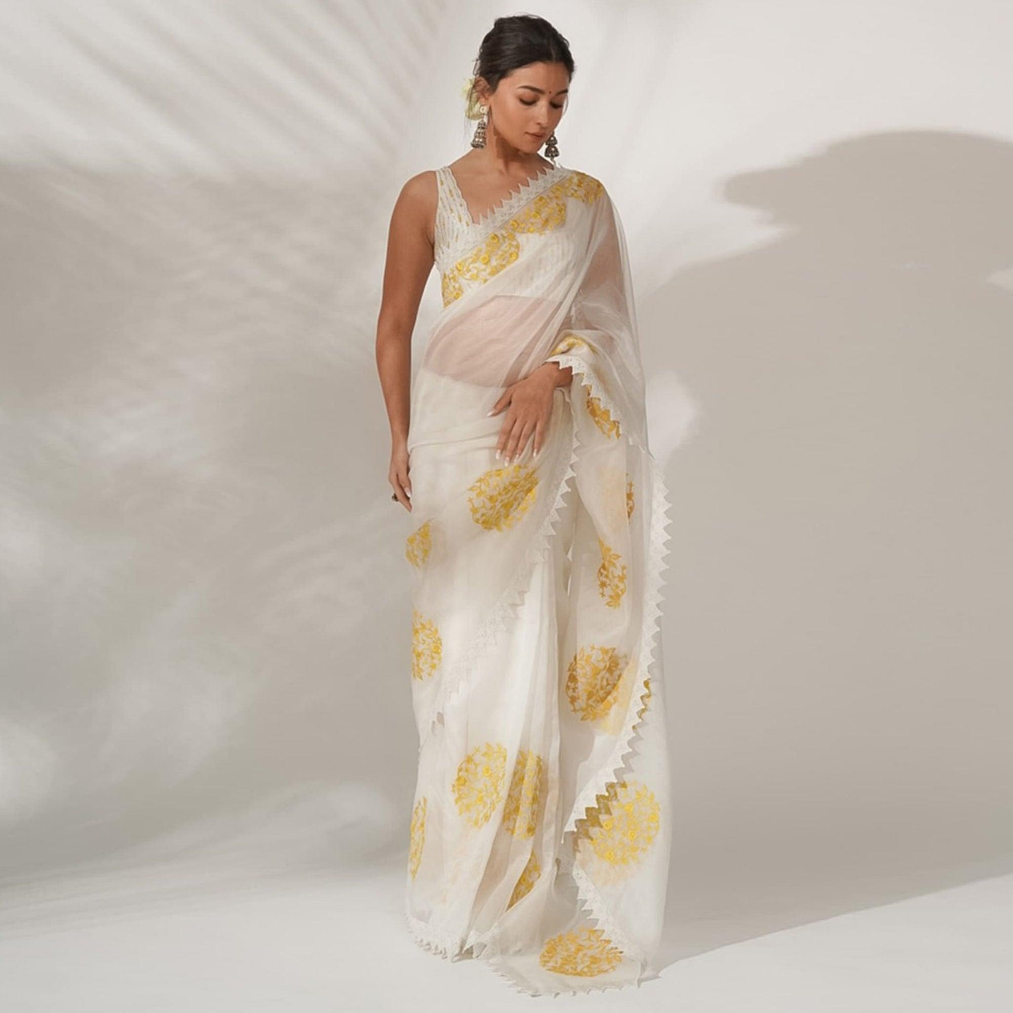 White Partywear Floral Embroidered Organza Saree - Peachmode