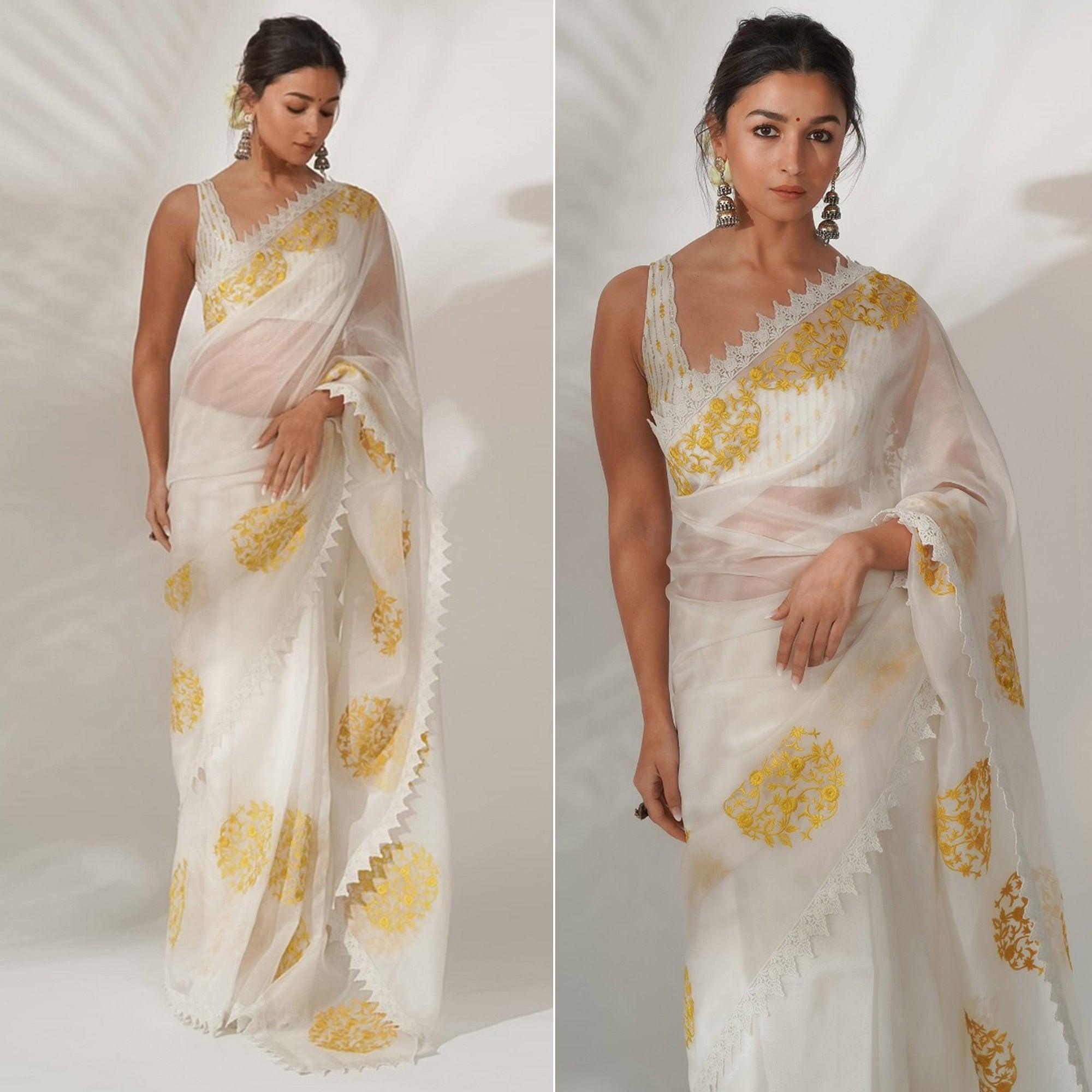 White Partywear Floral Embroidered Organza Saree - Peachmode