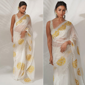 White Partywear Floral Embroidered Organza Saree - Peachmode