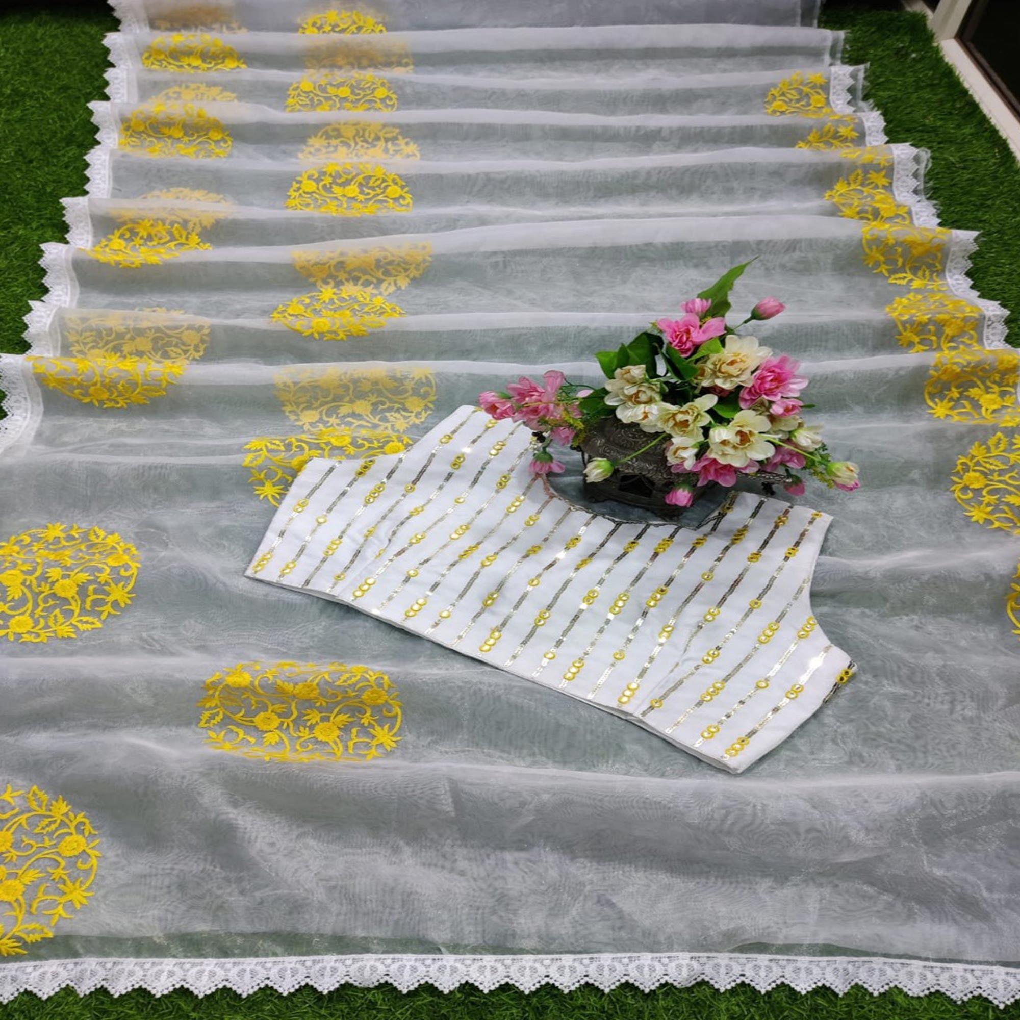 White Partywear Floral Embroidered Organza Saree - Peachmode