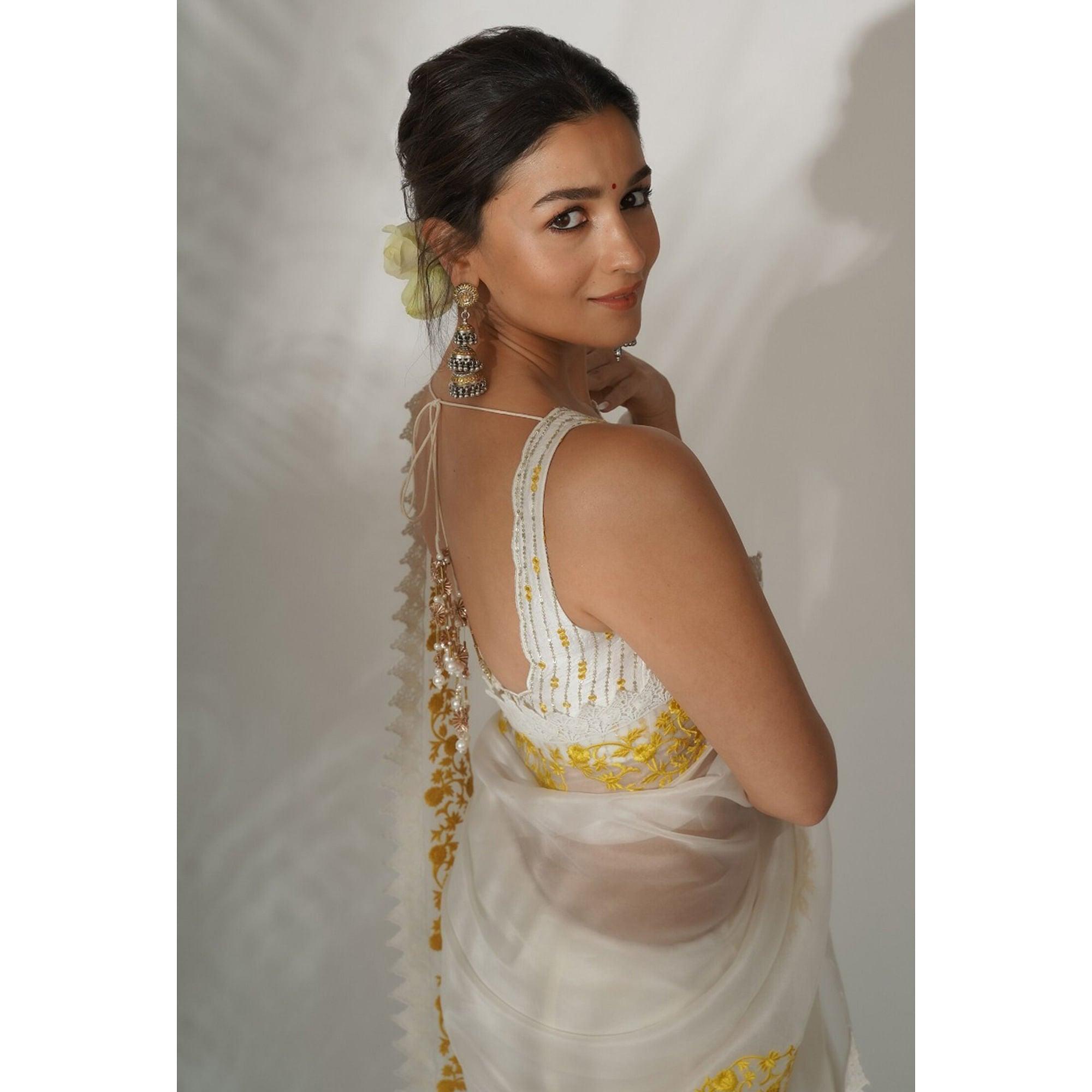 White Partywear Floral Embroidered Organza Saree - Peachmode