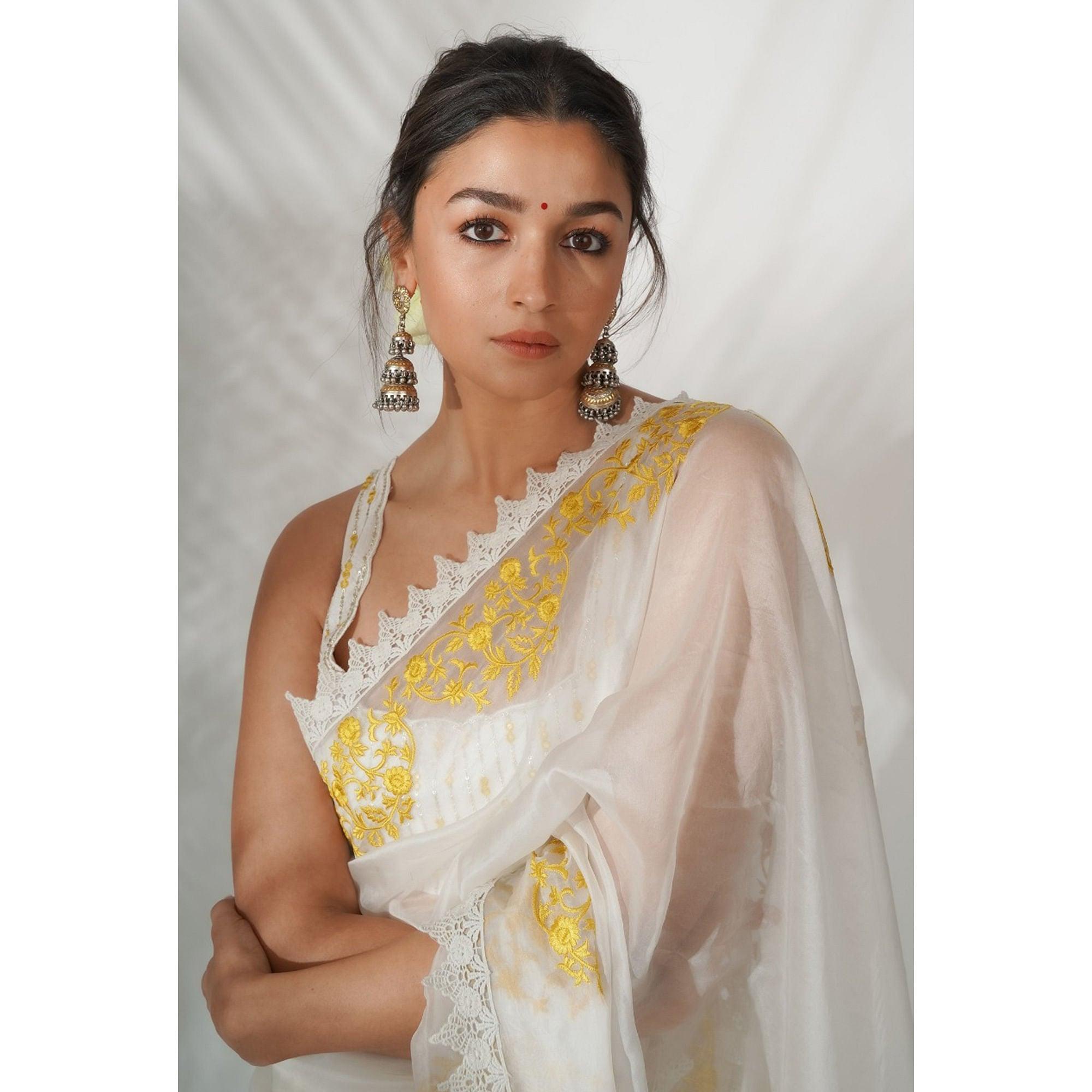 White Partywear Floral Embroidered Organza Saree - Peachmode