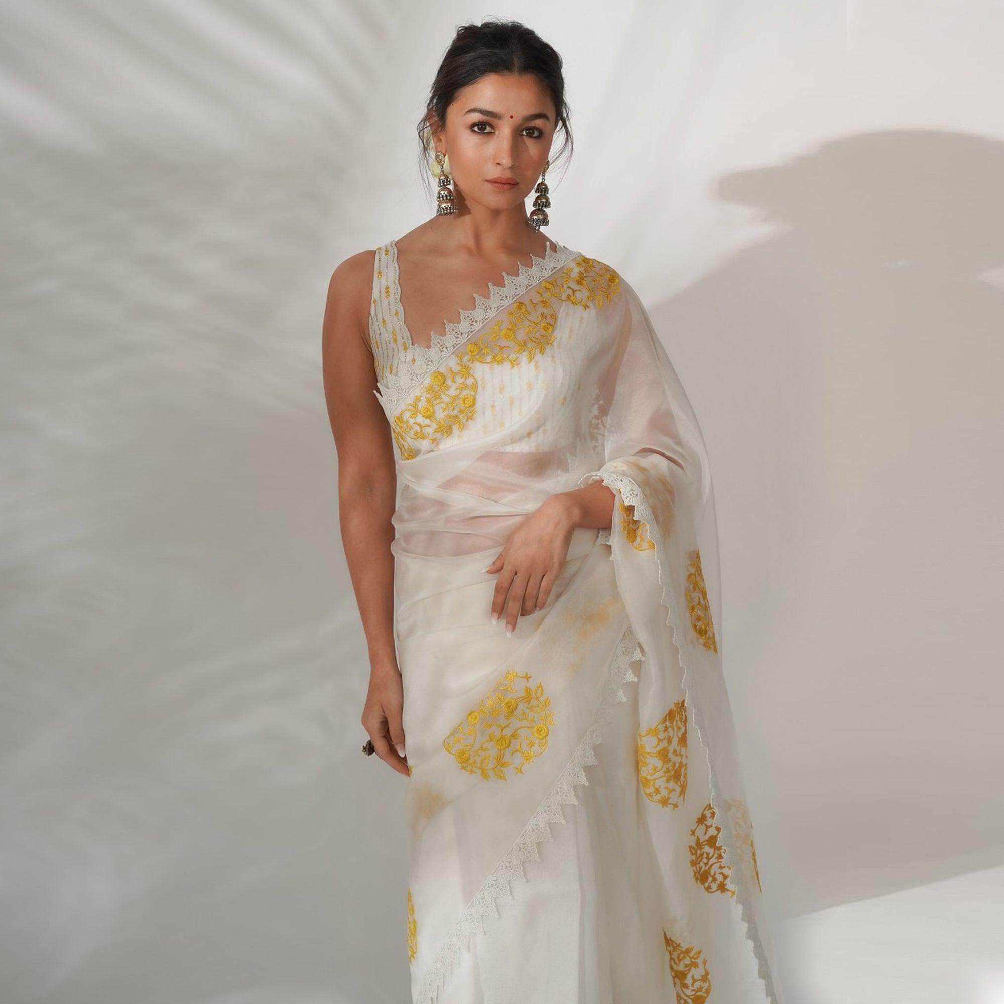 White Partywear Floral Embroidered Organza Saree - Peachmode