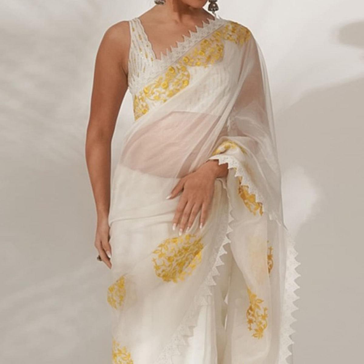 White Partywear Floral Embroidered Organza Saree - Peachmode