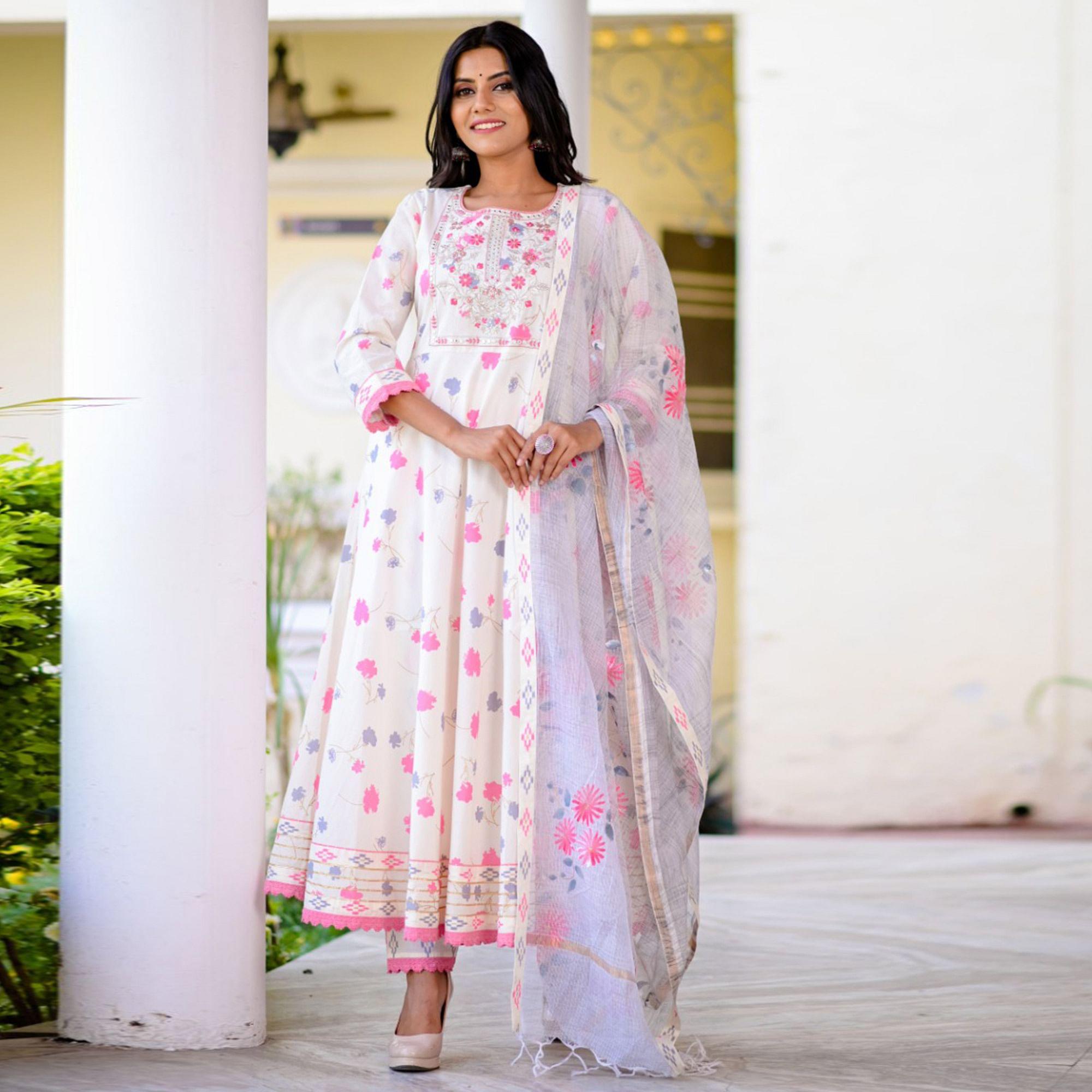 White Partywear Floral Embroidered With Print Cotton Anarkali Suit - Peachmode
