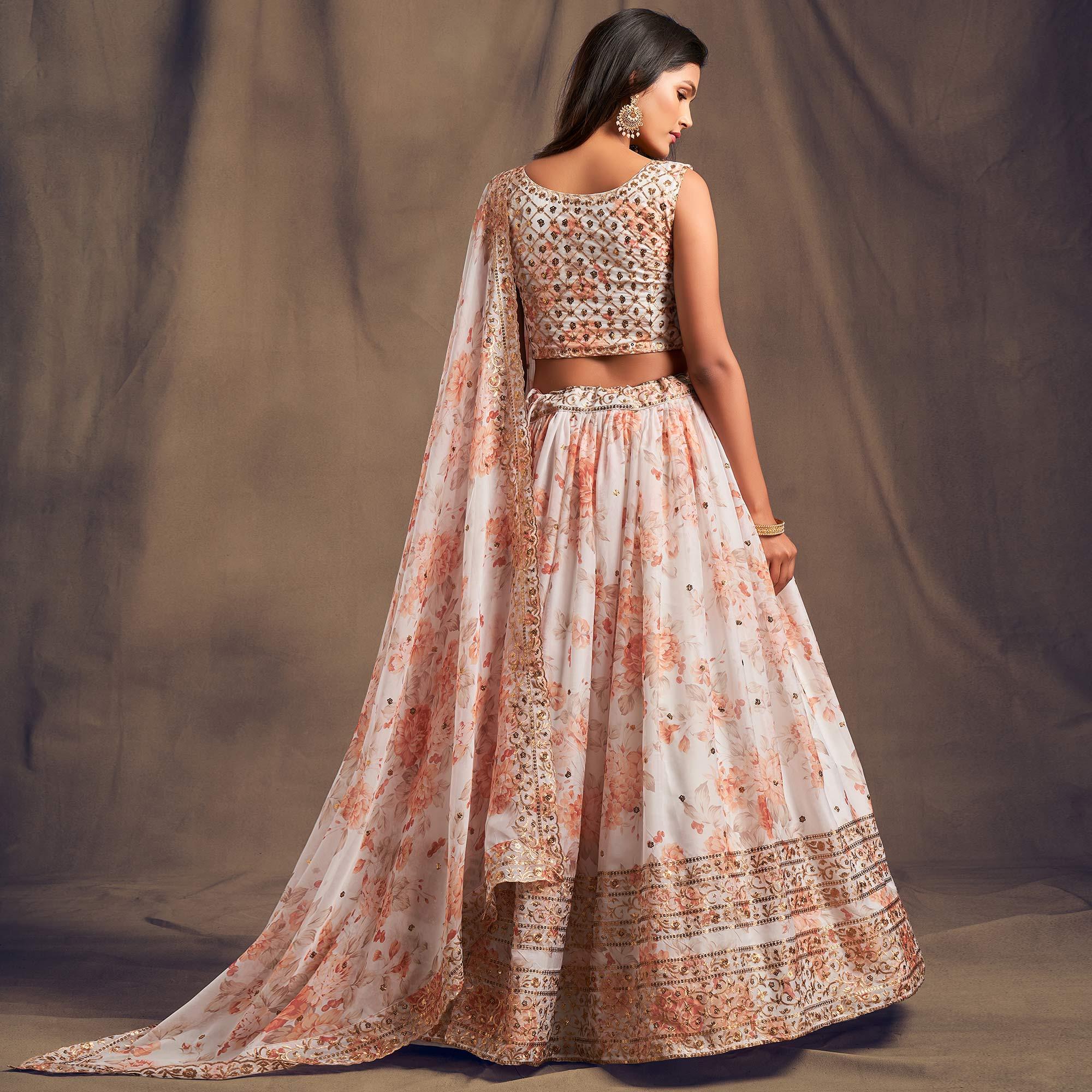 White Partywear Floral Print With Sequin Zari Embroidered Organza Lehenga Choli - Peachmode