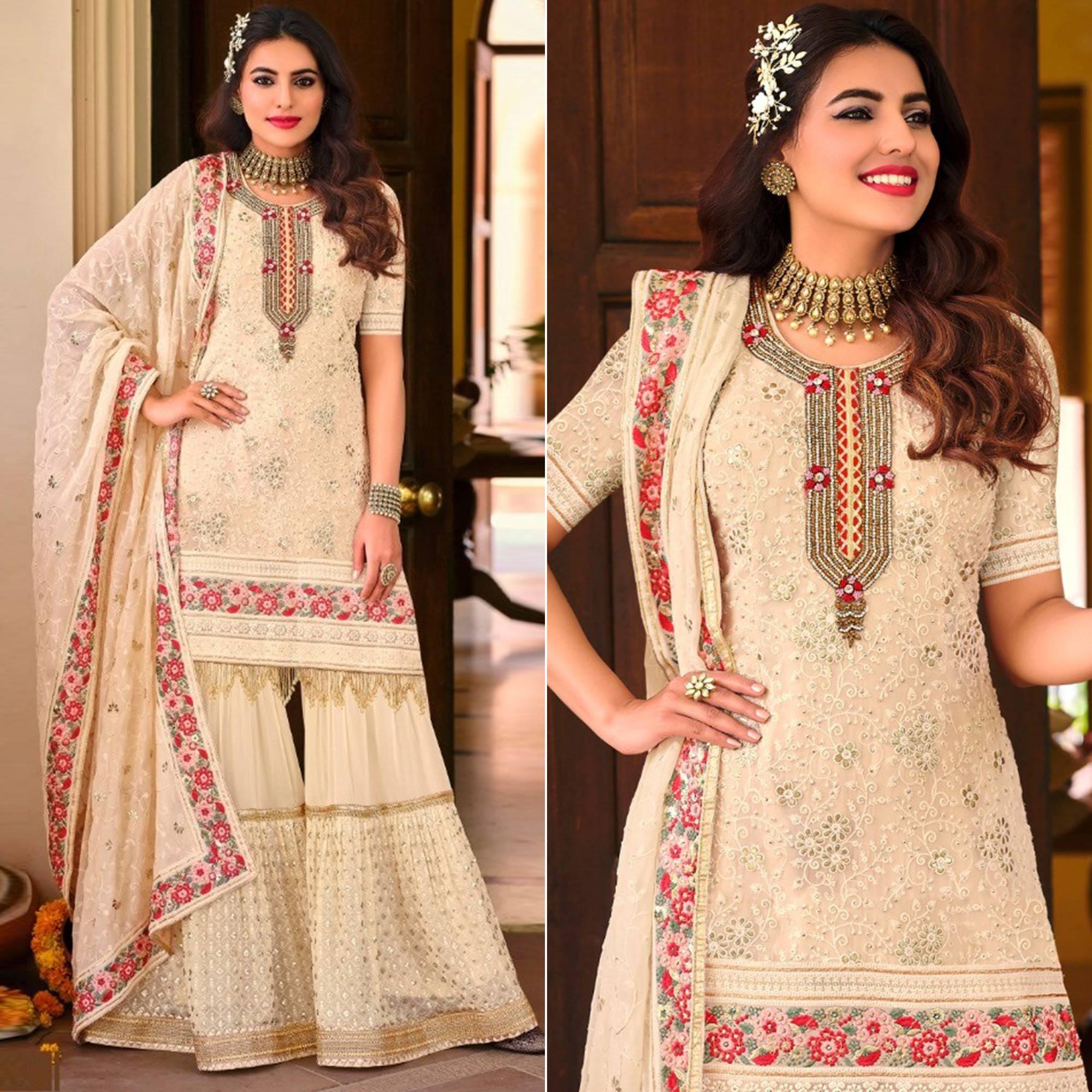 White Partywear Floral Sequence Embroidered Georgette Sharara Suit - Peachmode