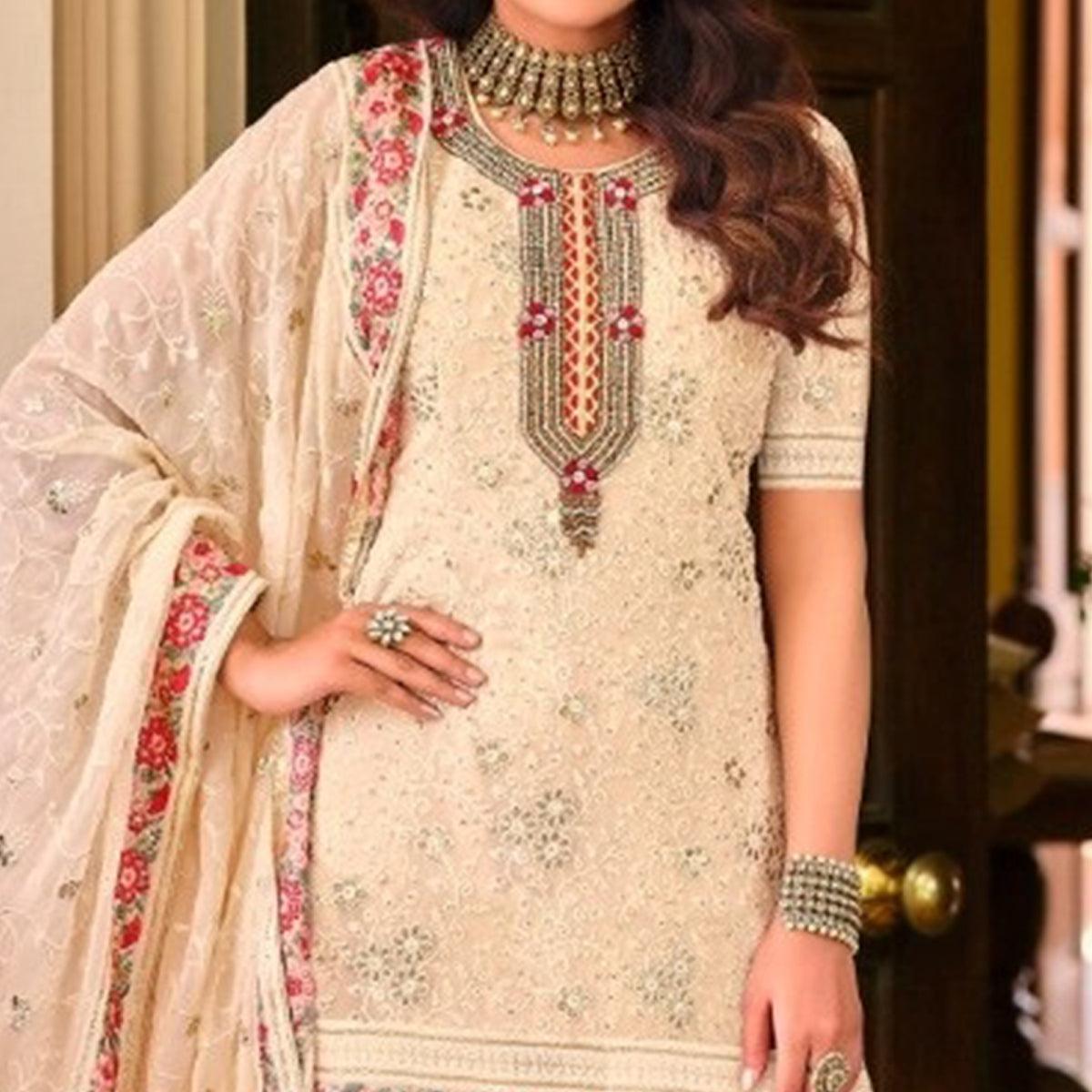 White Partywear Floral Sequence Embroidered Georgette Sharara Suit - Peachmode