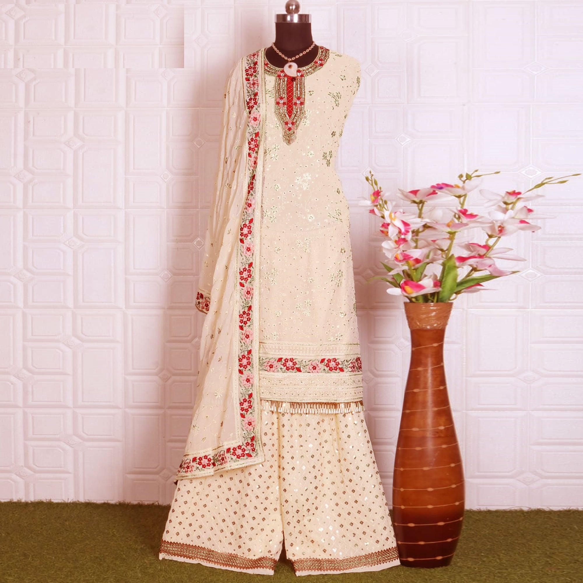 White Partywear Floral Sequence Embroidered Georgette Sharara Suit - Peachmode