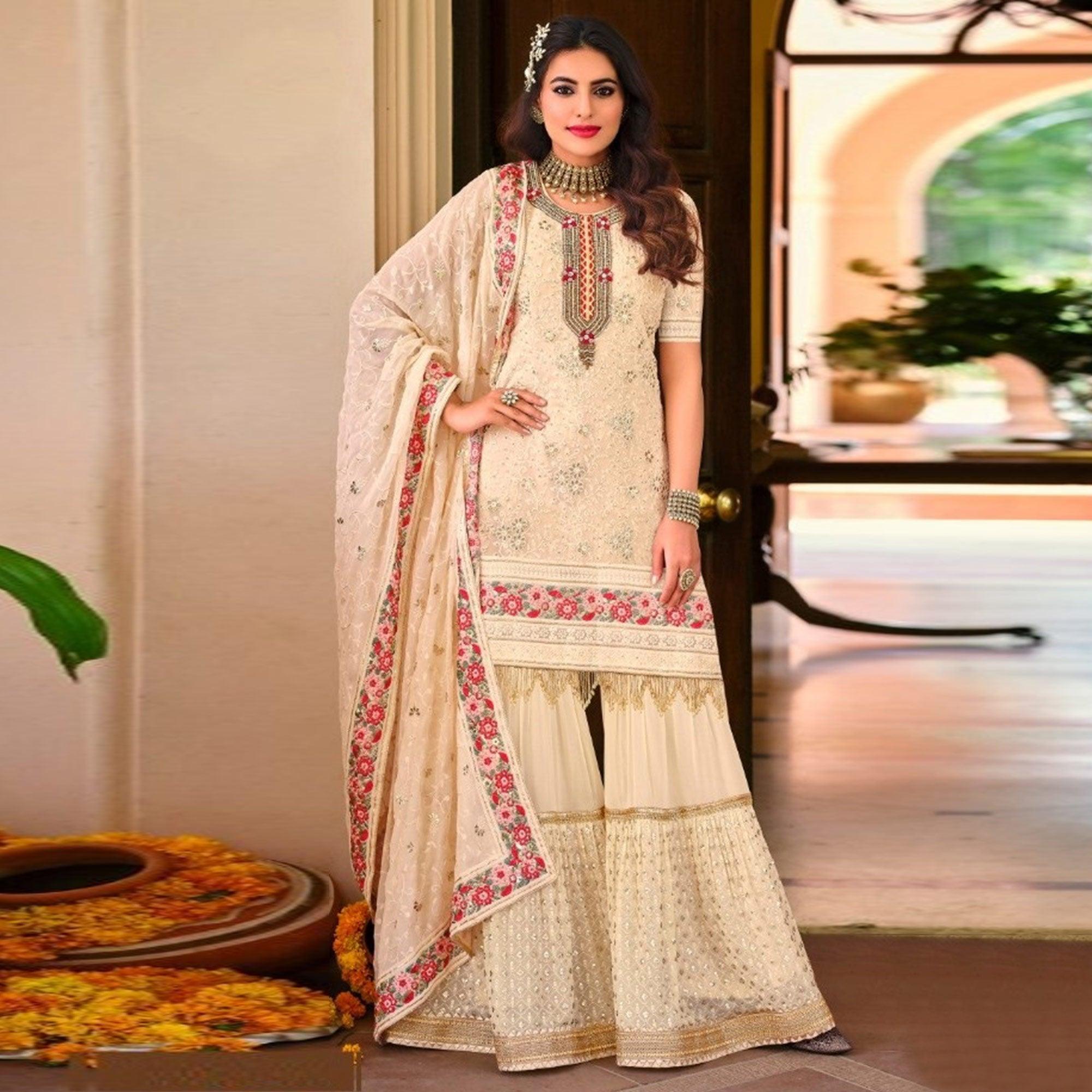 White Partywear Floral Sequence Embroidered Georgette Sharara Suit - Peachmode