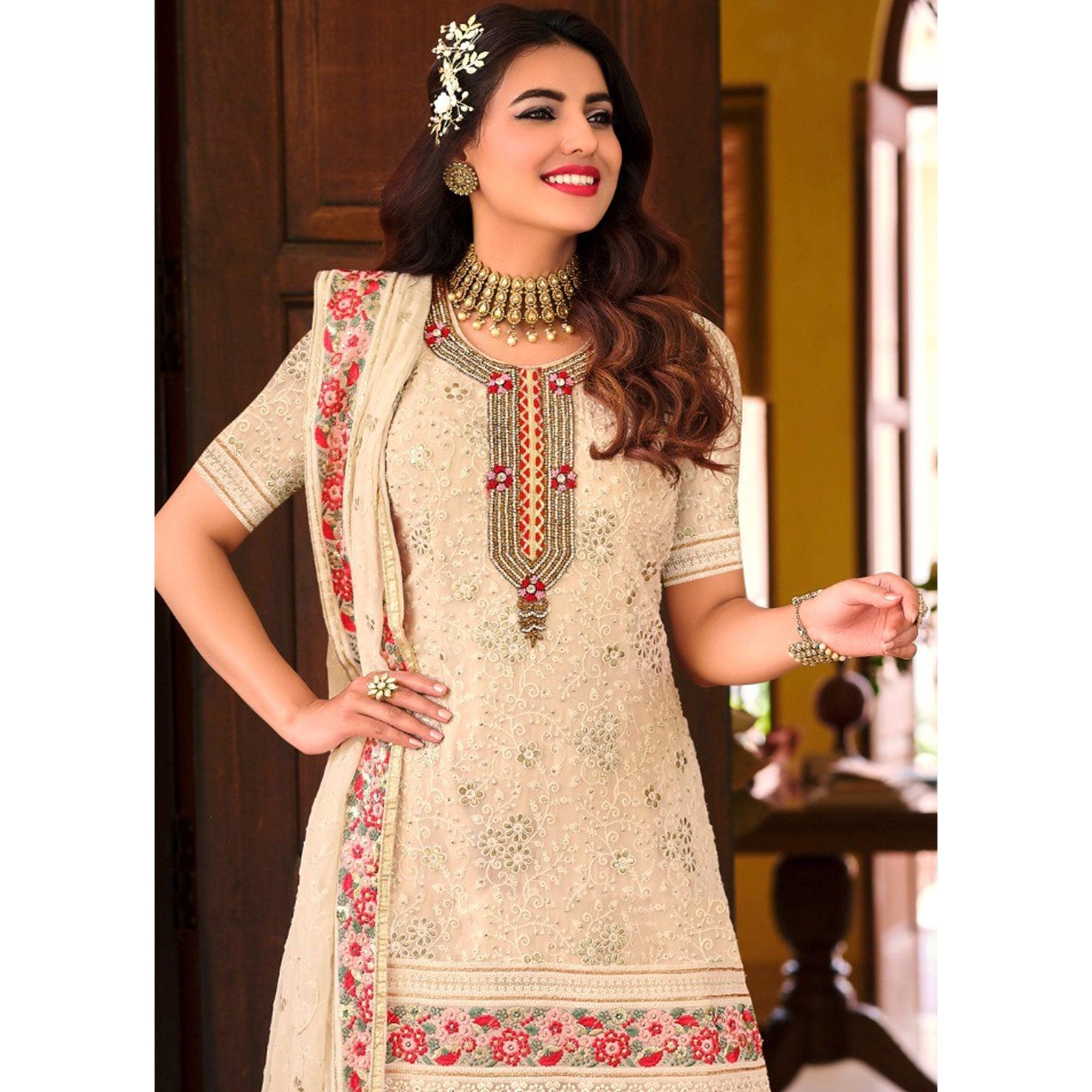 White Partywear Floral Sequence Embroidered Georgette Sharara Suit - Peachmode