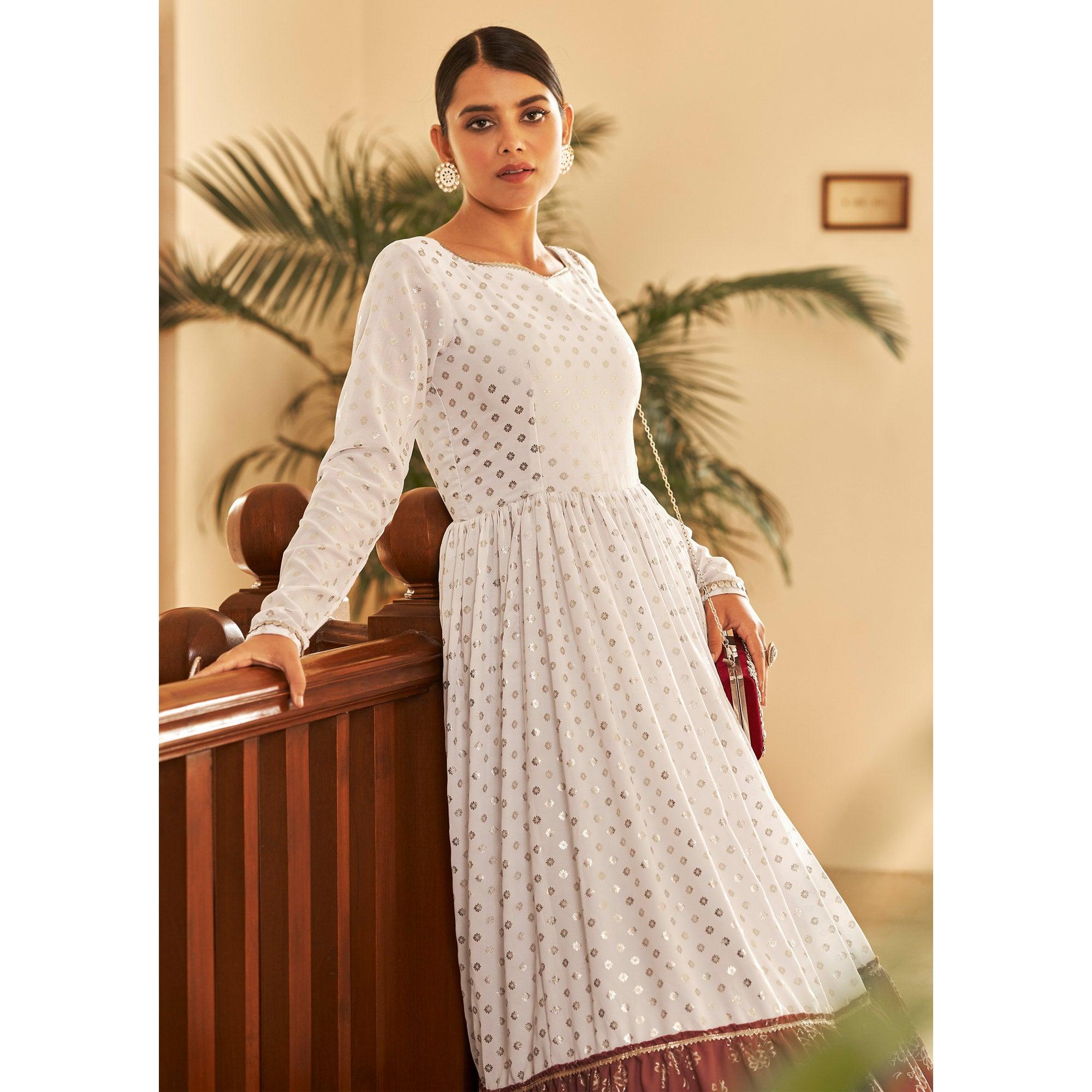 White Partywear Metallic Foil Work Georgette Gown - Peachmode