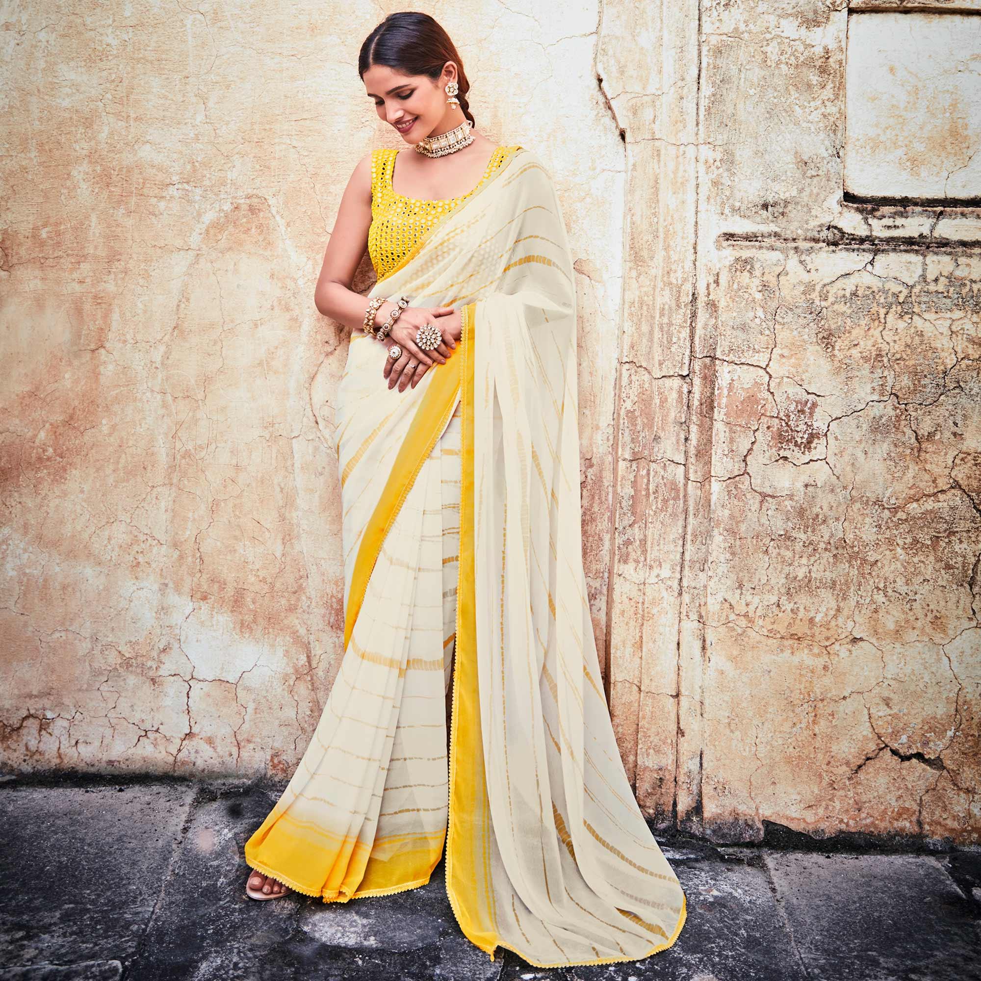 White Partywear Printed & Thread Georgette Saree - Peachmode