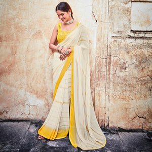 White Partywear Printed & Thread Georgette Saree - Peachmode