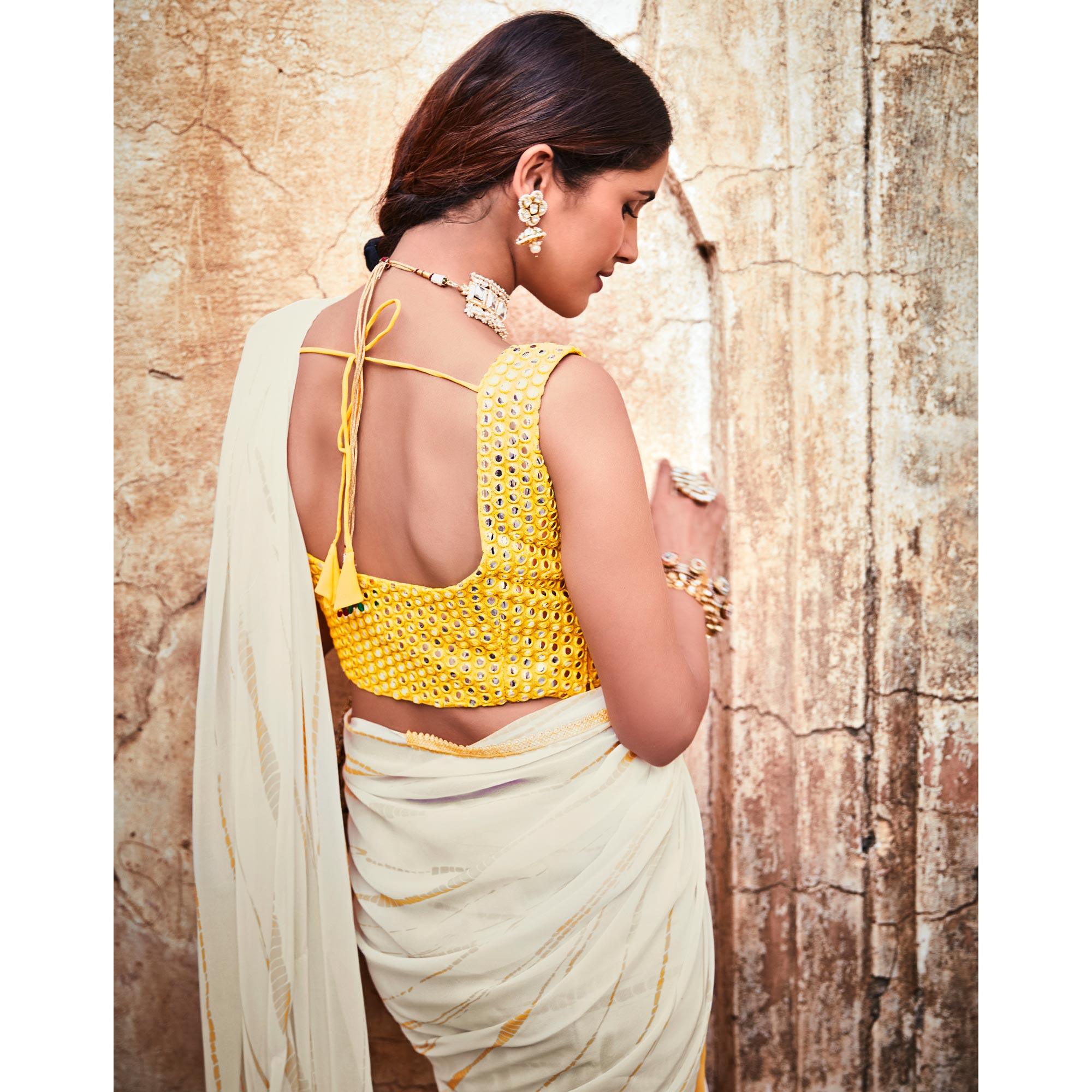 White Partywear Printed & Thread Georgette Saree - Peachmode