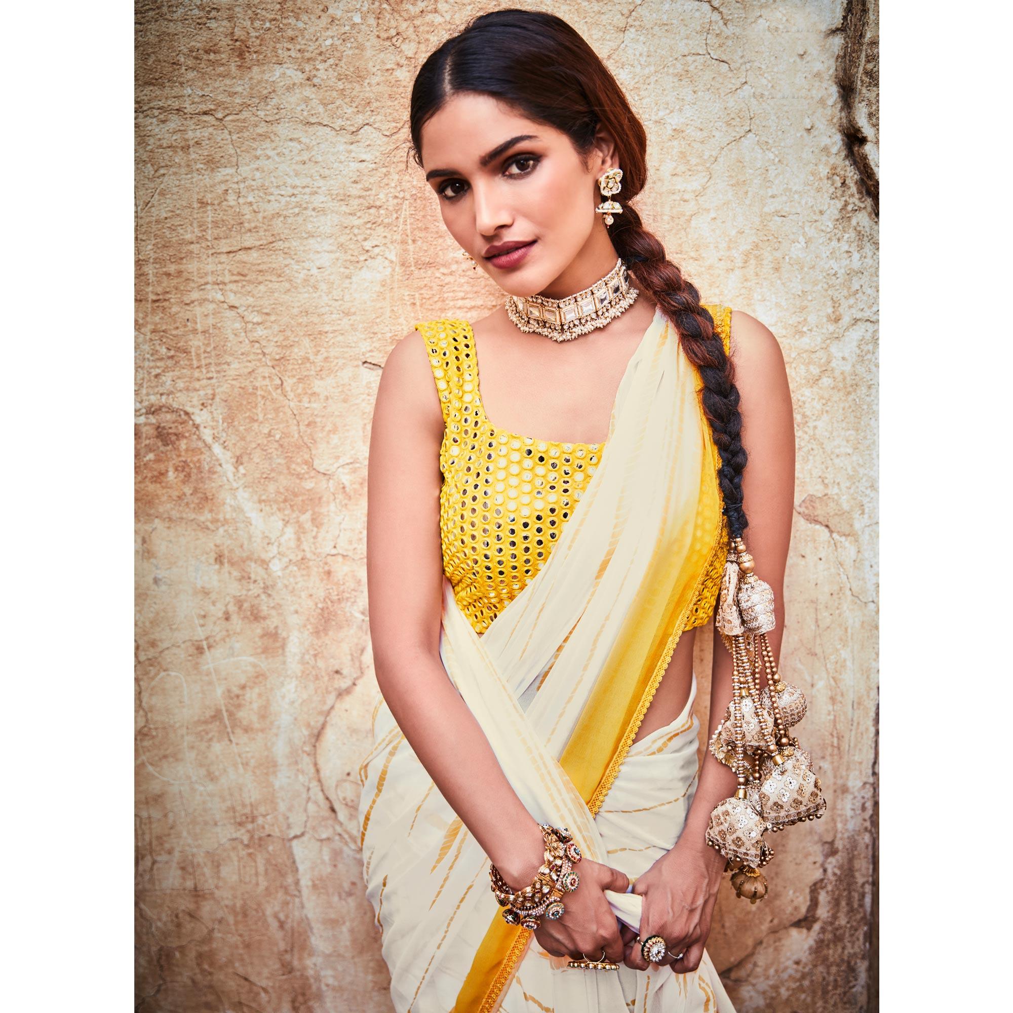 White Partywear Printed & Thread Georgette Saree - Peachmode