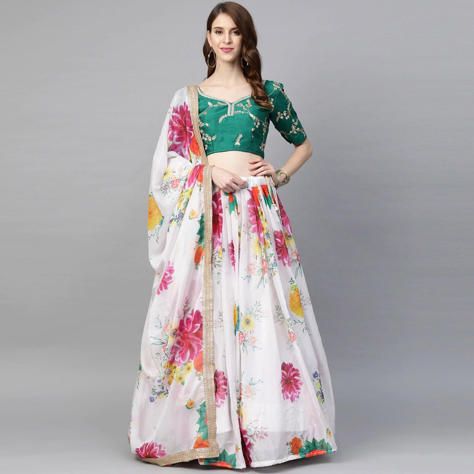 White Partywear Printed Sequence & Zari Pure Organza Lehenga Choli - Peachmode