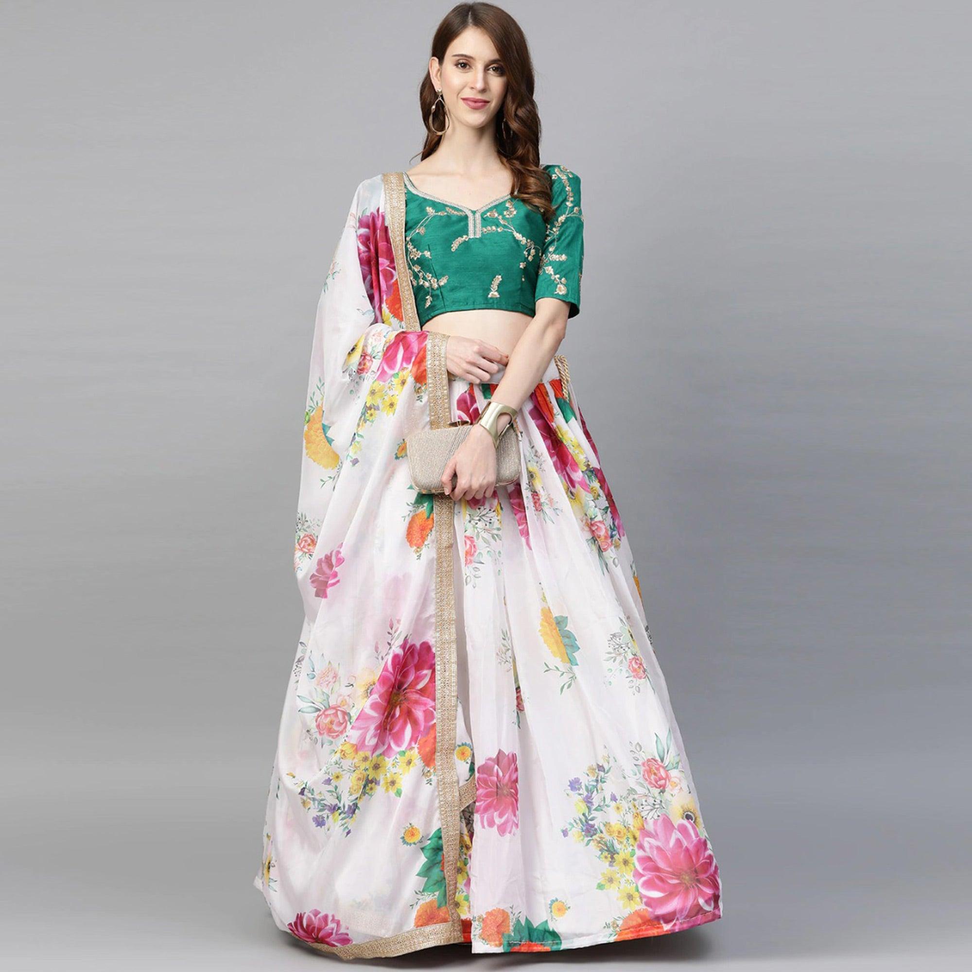 White Partywear Printed Sequence & Zari Pure Organza Lehenga Choli - Peachmode