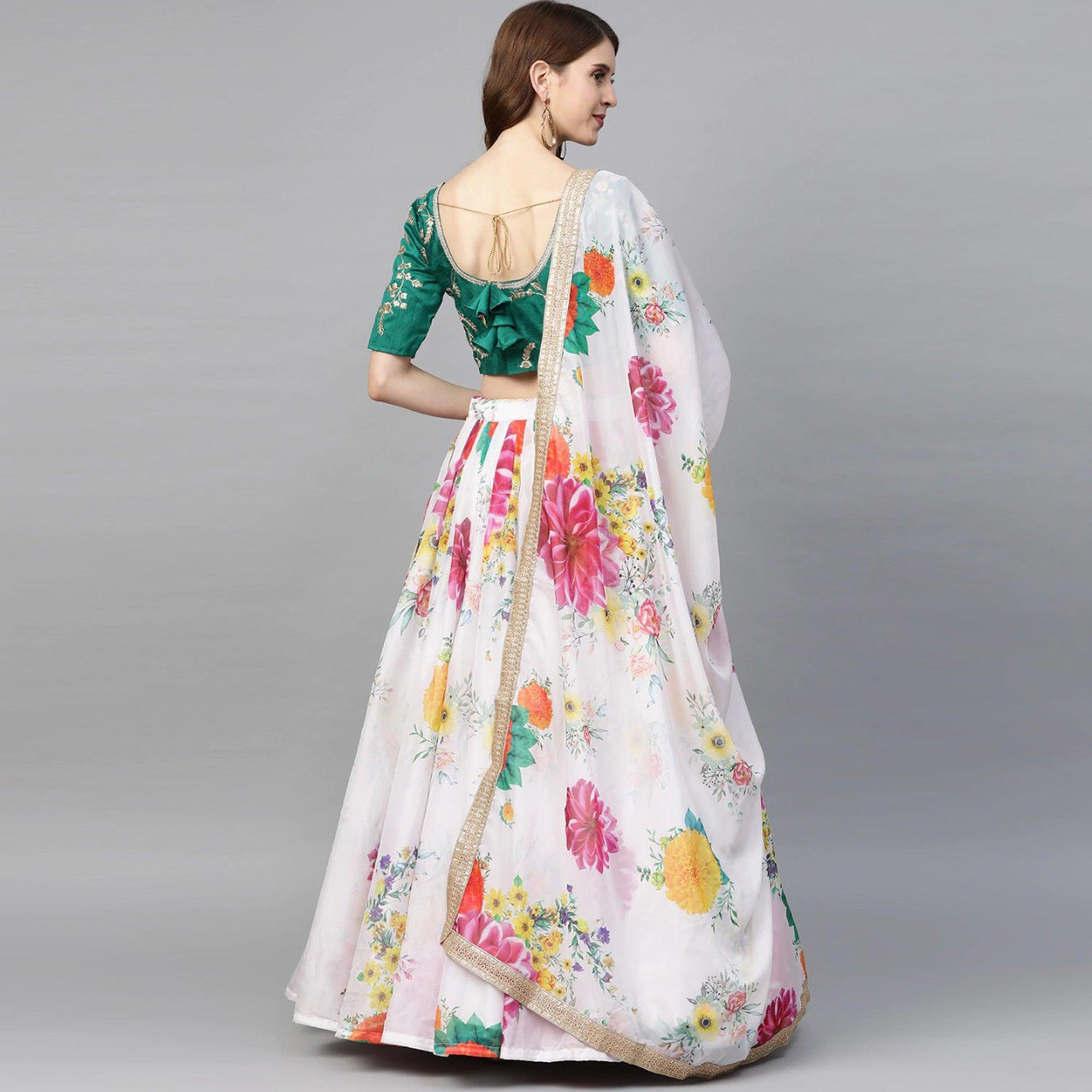 White Partywear Printed Sequence & Zari Pure Organza Lehenga Choli - Peachmode